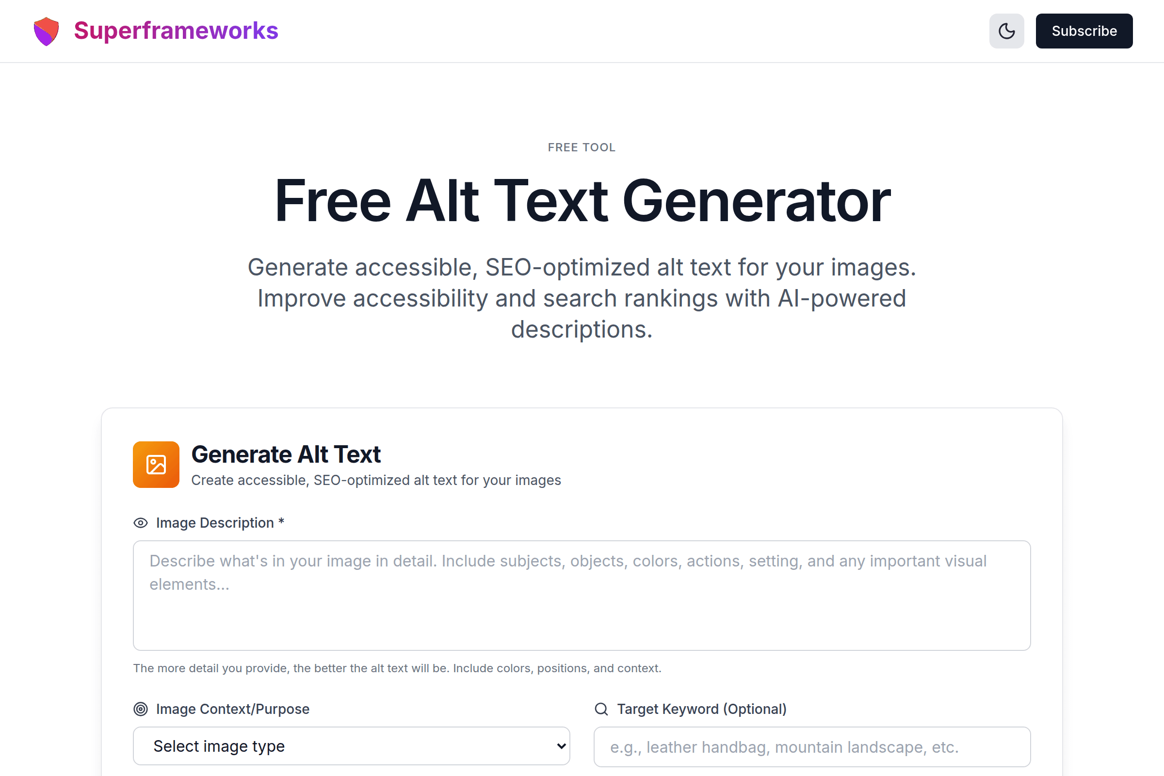 Alt Text Generator interface preview on Superframeworks