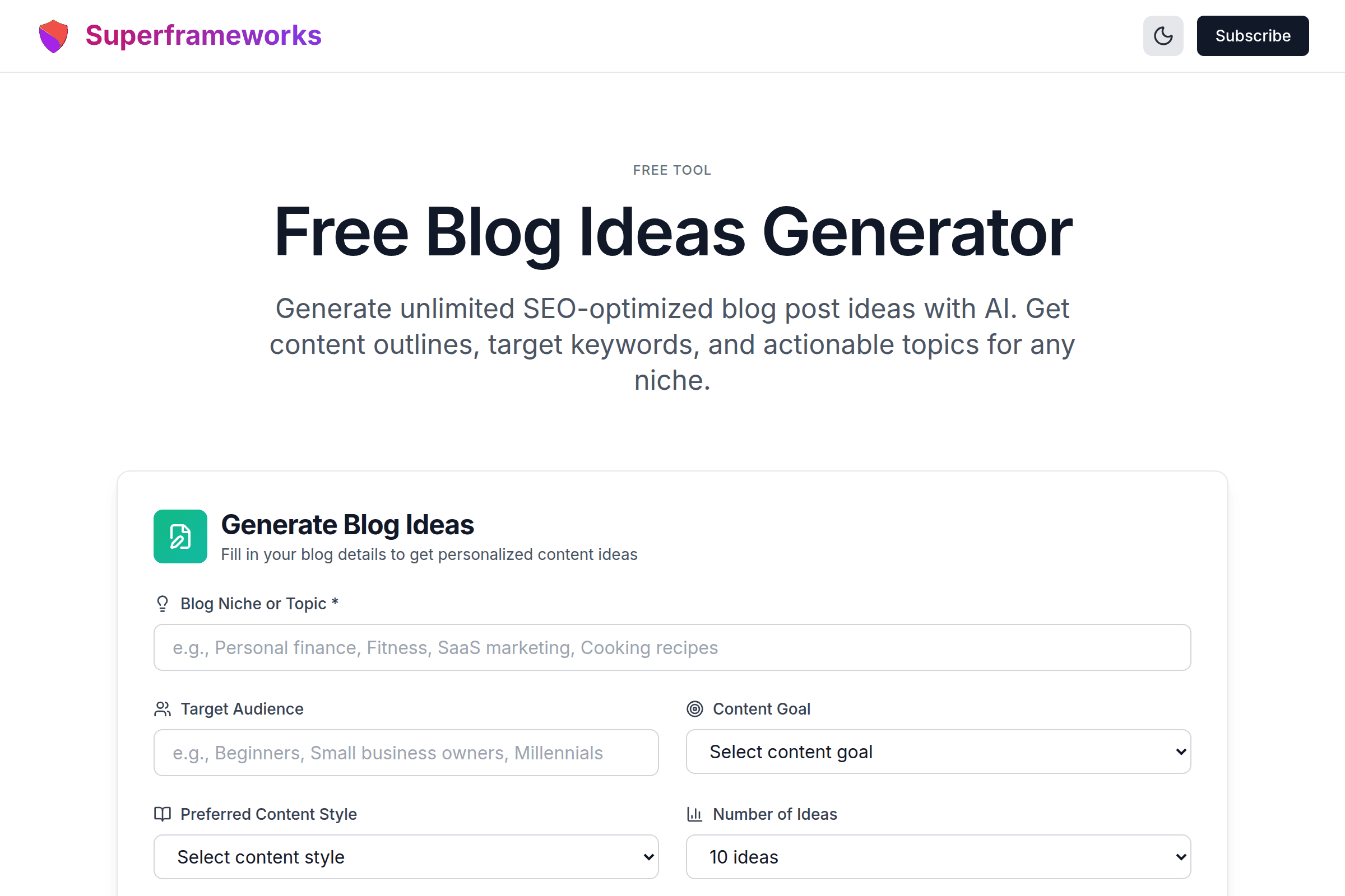 Blog Ideas Generator interface preview on Superframeworks