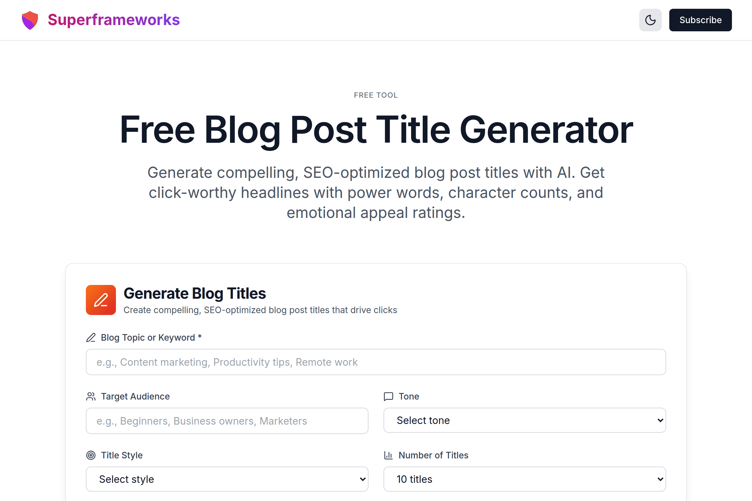 Blog Post Title Generator interface preview on Superframeworks
