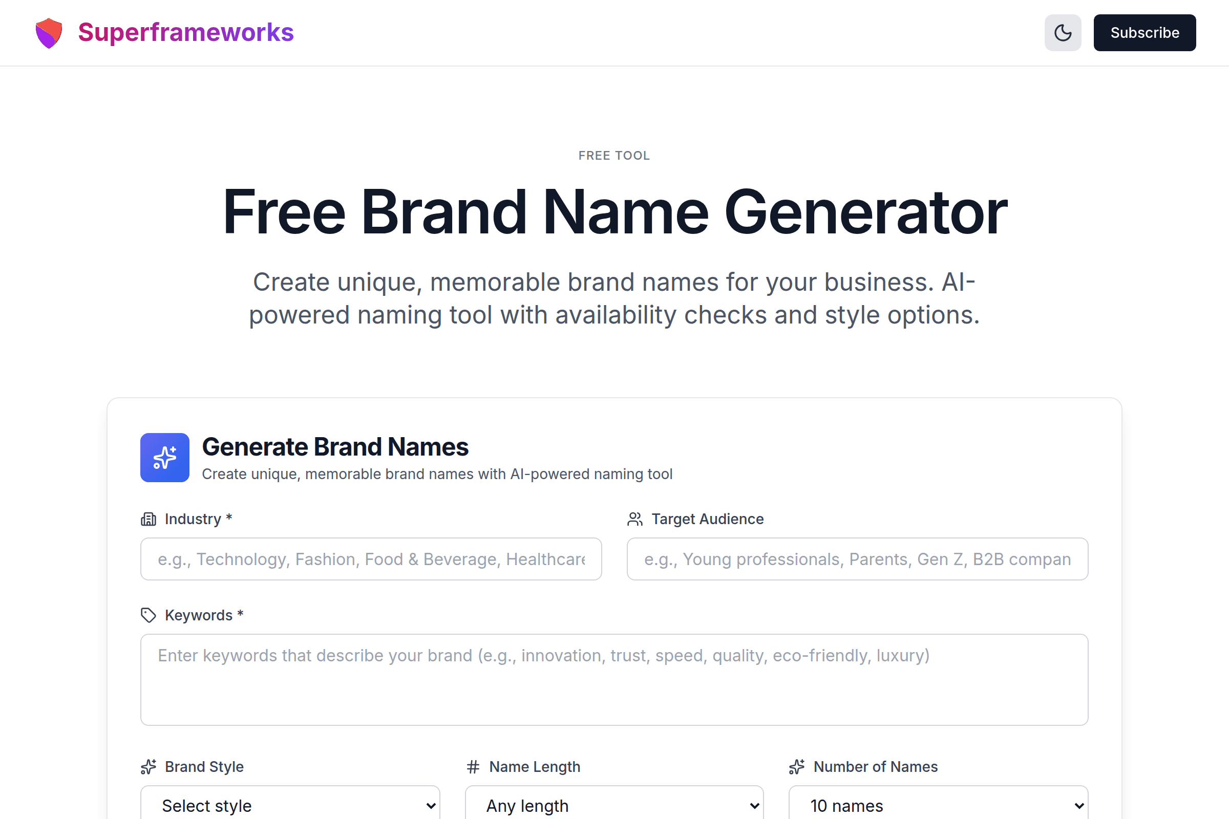 Brand Name Generator interface preview on Superframeworks