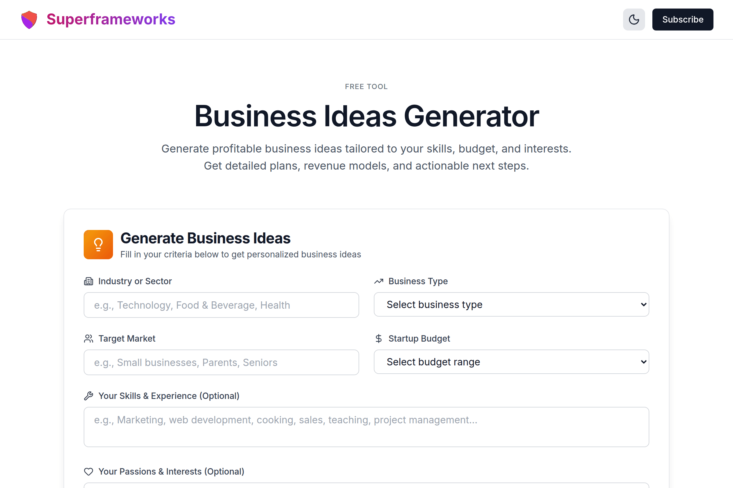 Business Ideas Generator interface preview on Superframeworks