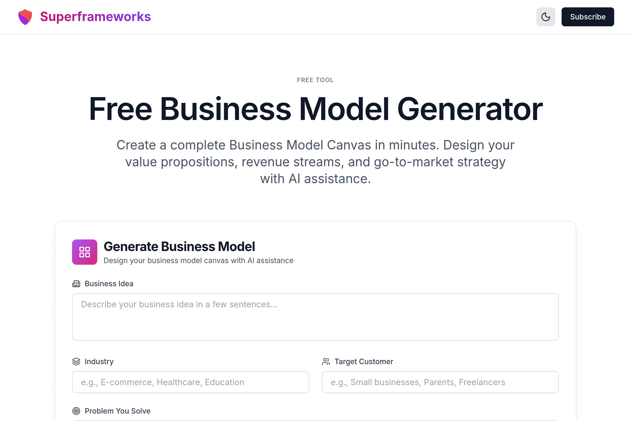 Business Model Generator interface preview on Superframeworks