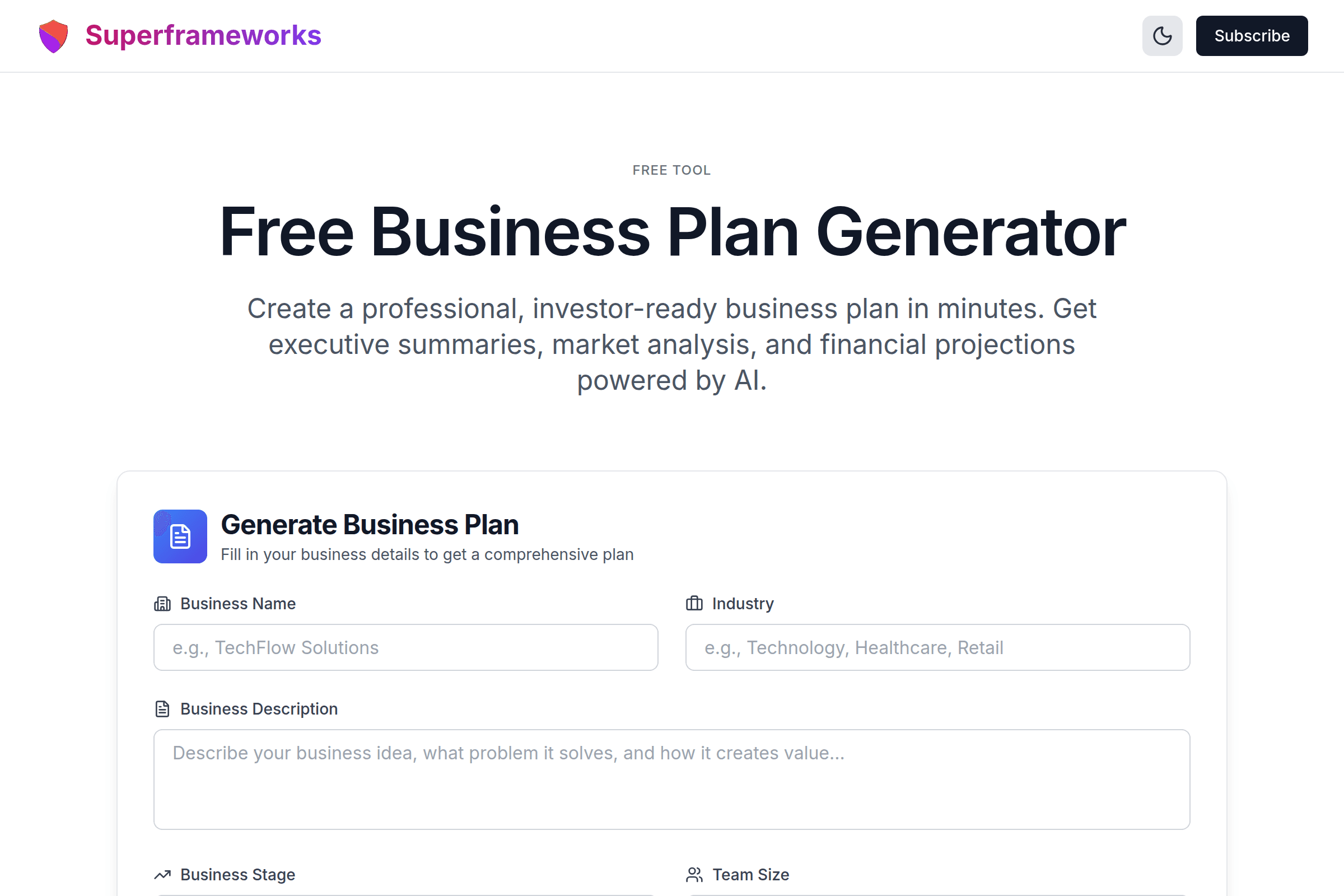 Business Plan Generator interface preview on Superframeworks