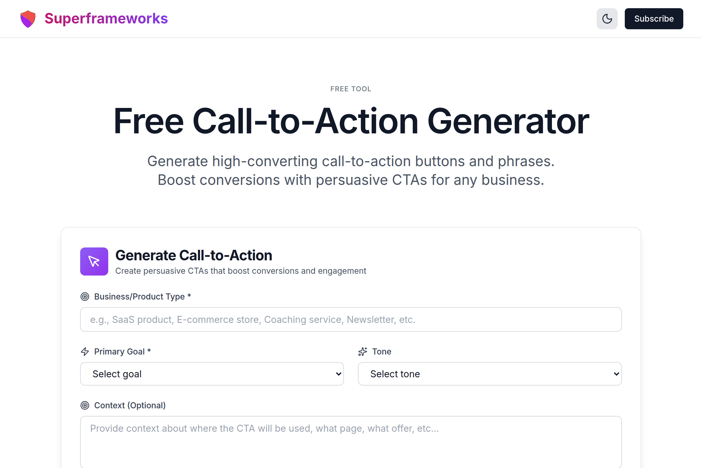 Call-to-Action Generator interface preview on Superframeworks
