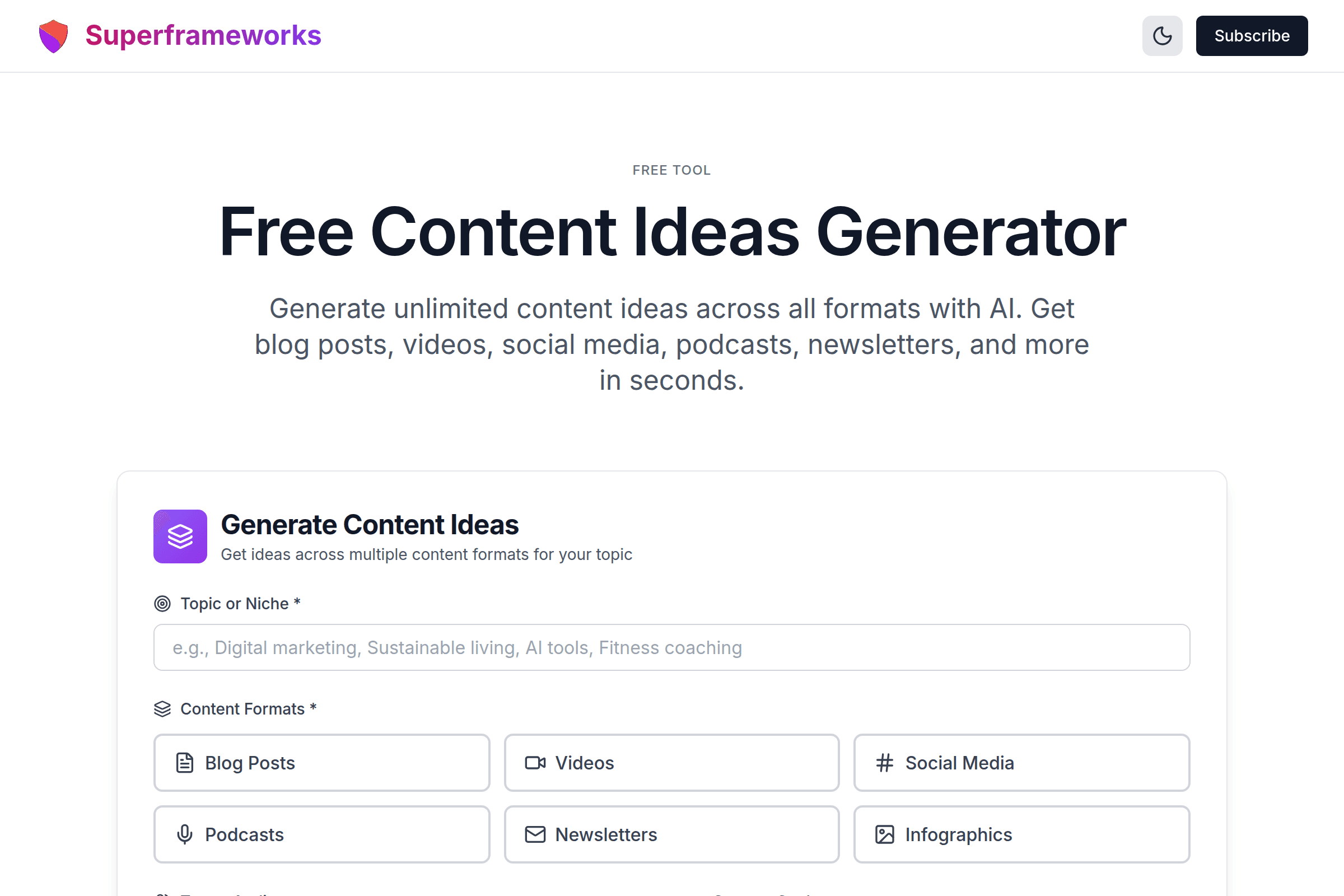 Content Ideas Generator interface preview on Superframeworks