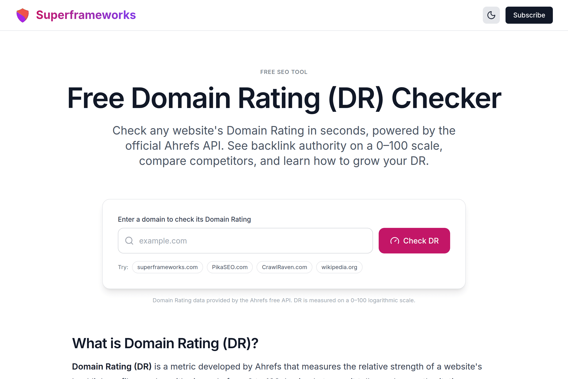 Domain Rating (DR) Checker interface preview on Superframeworks
