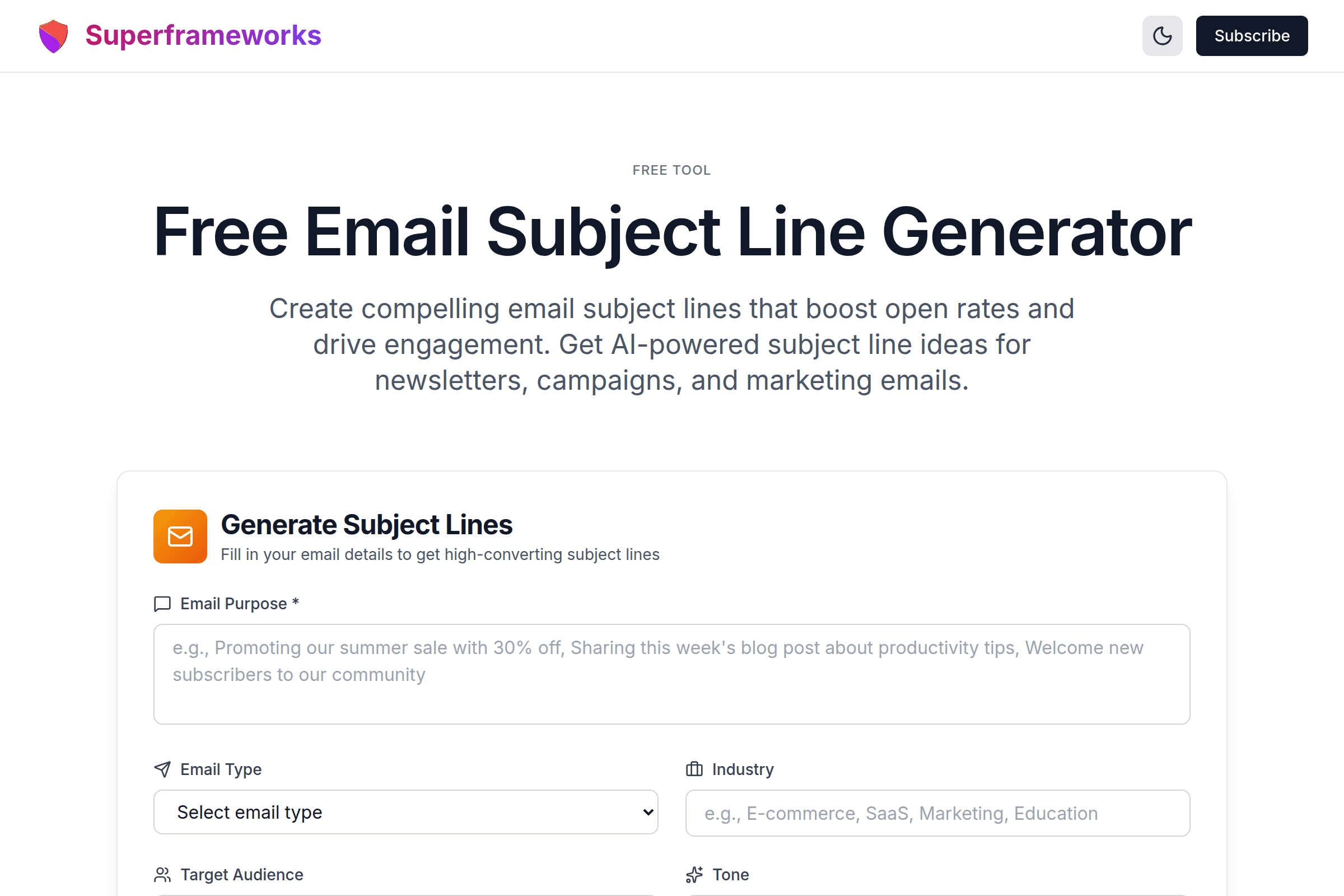 Email Subject Line Generator interface preview on Superframeworks