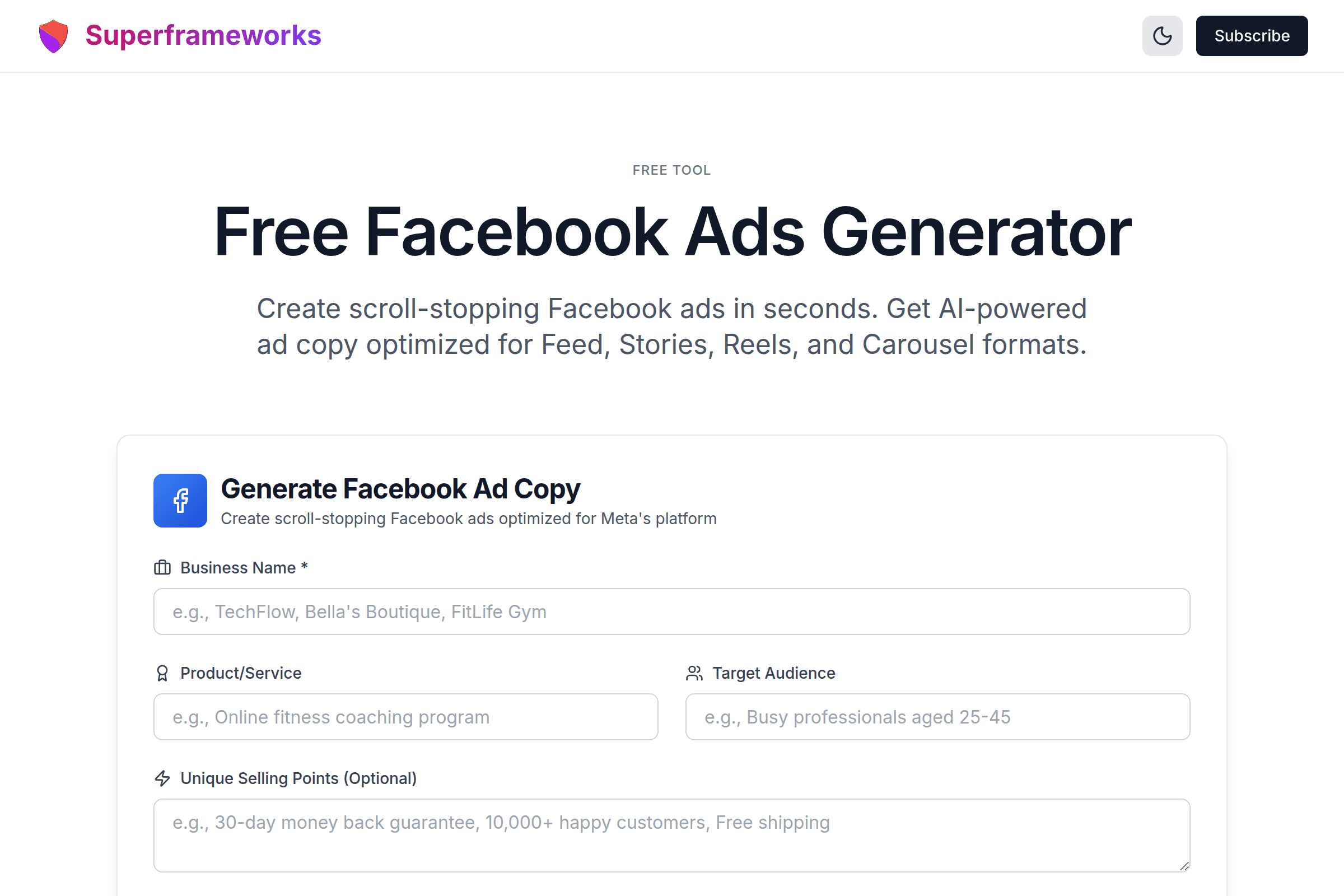 Facebook Ads Generator interface preview on Superframeworks