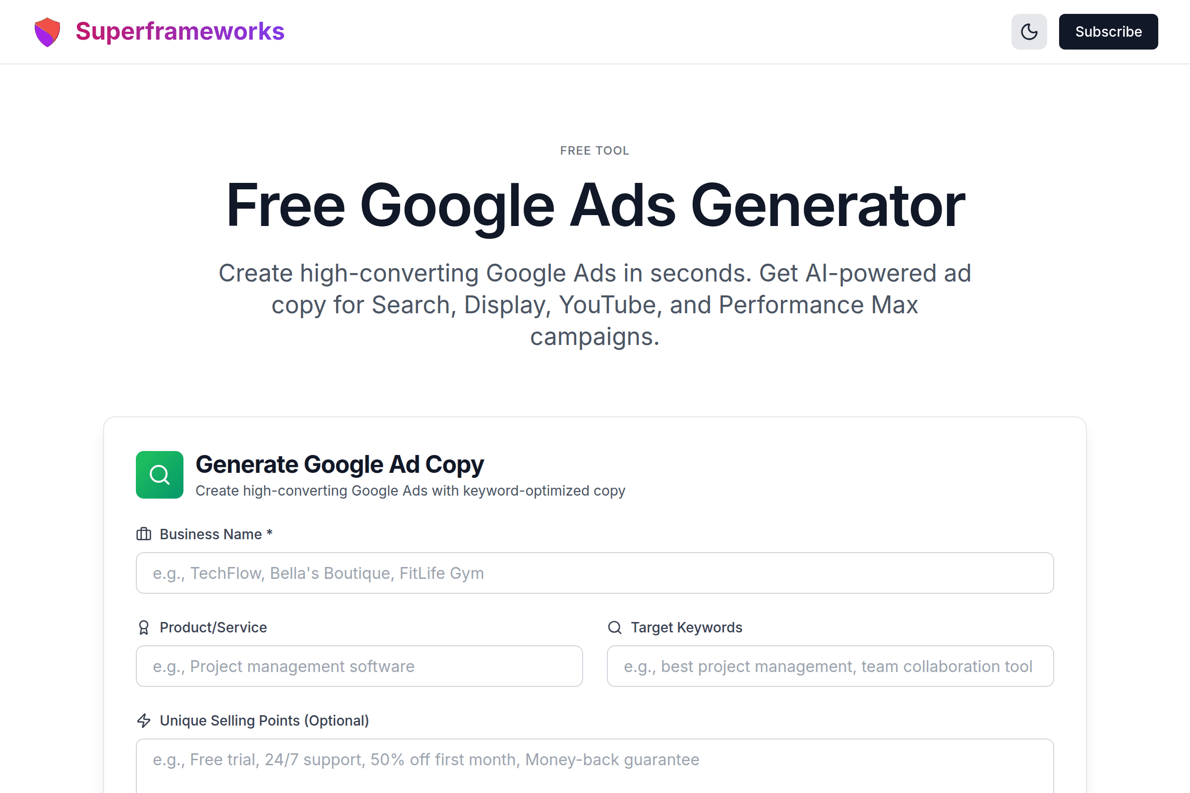Google Ads Generator interface preview on Superframeworks