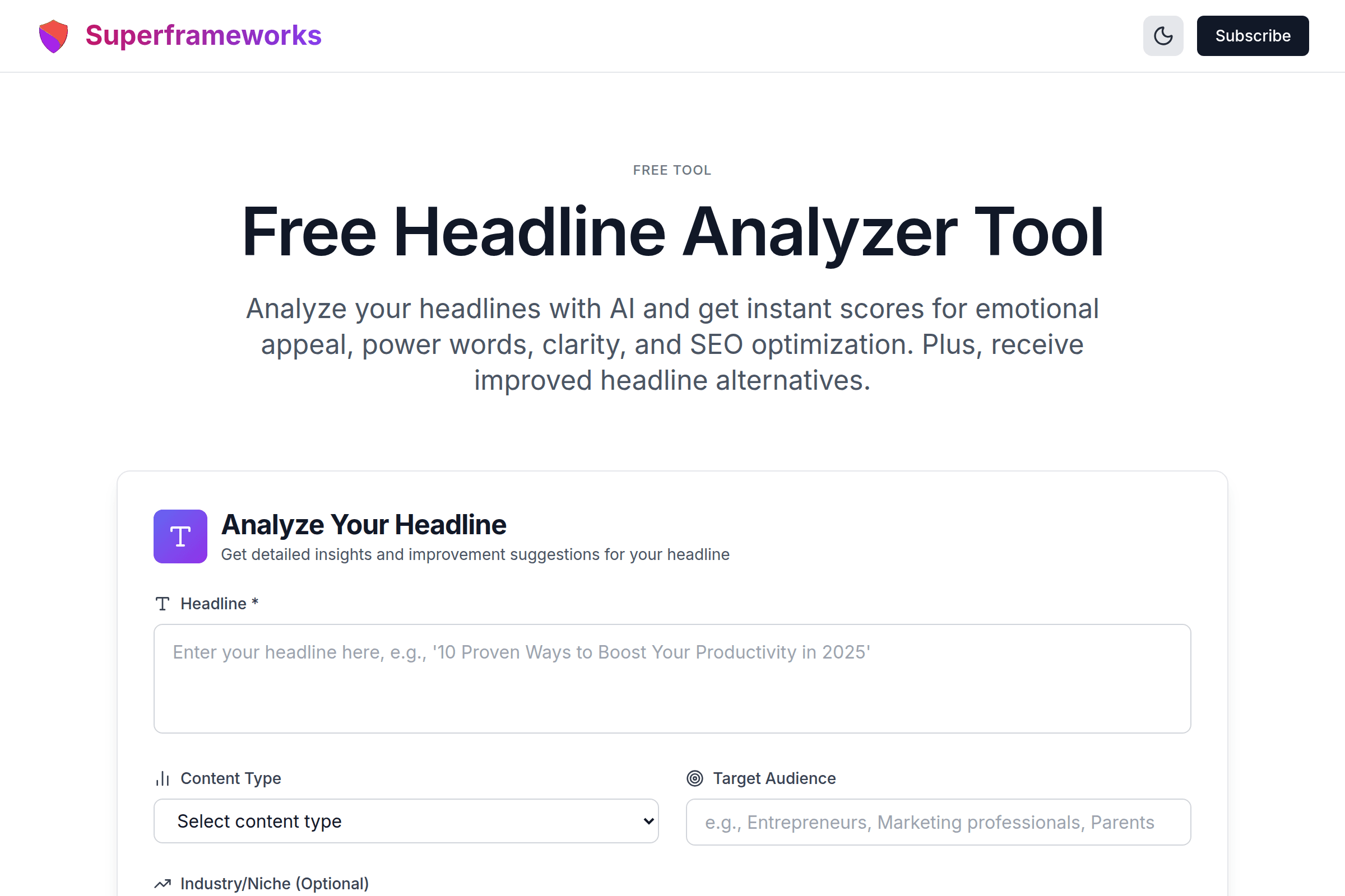 Headline Analyzer interface preview on Superframeworks