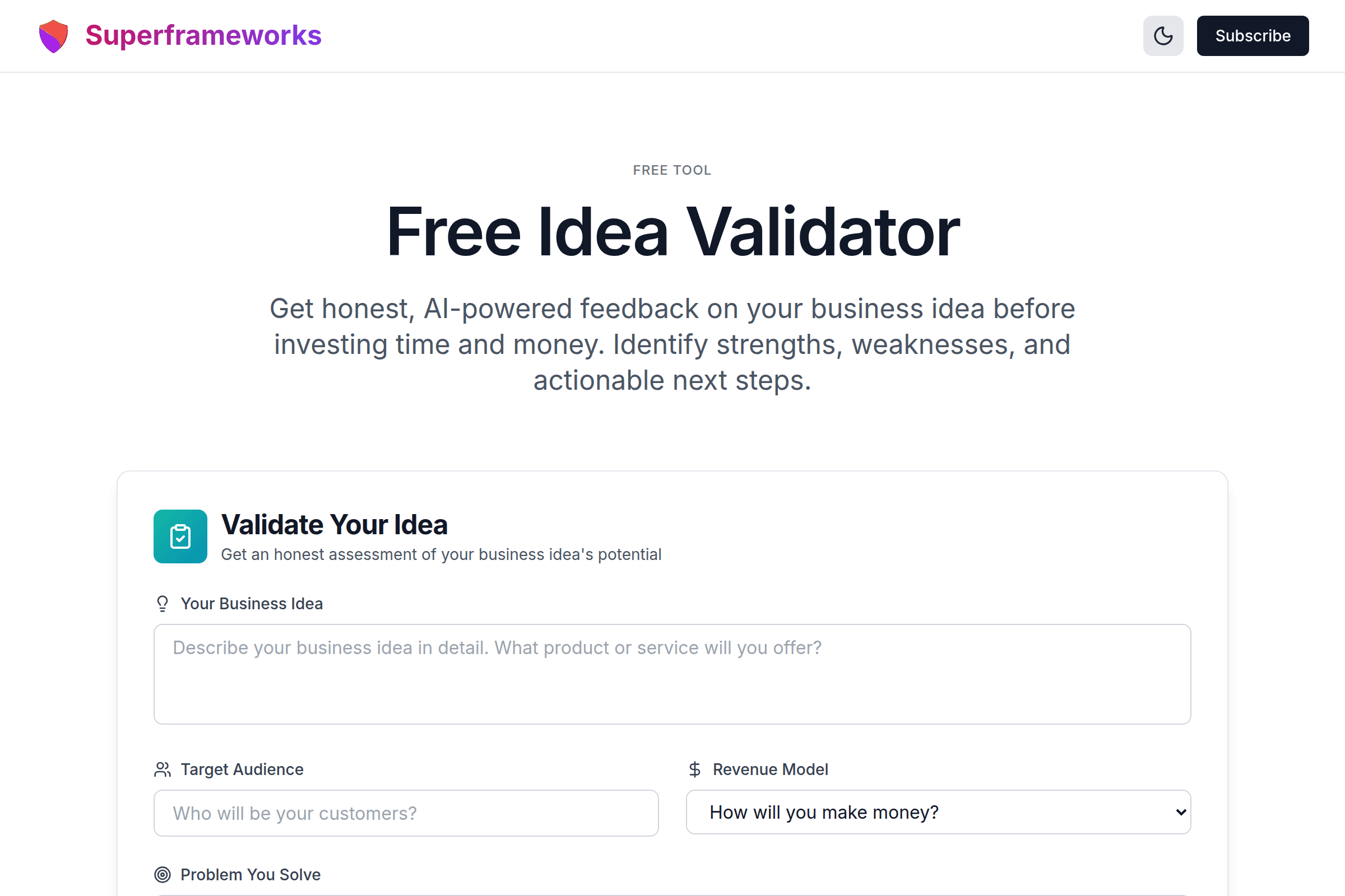 Idea Validator interface preview on Superframeworks