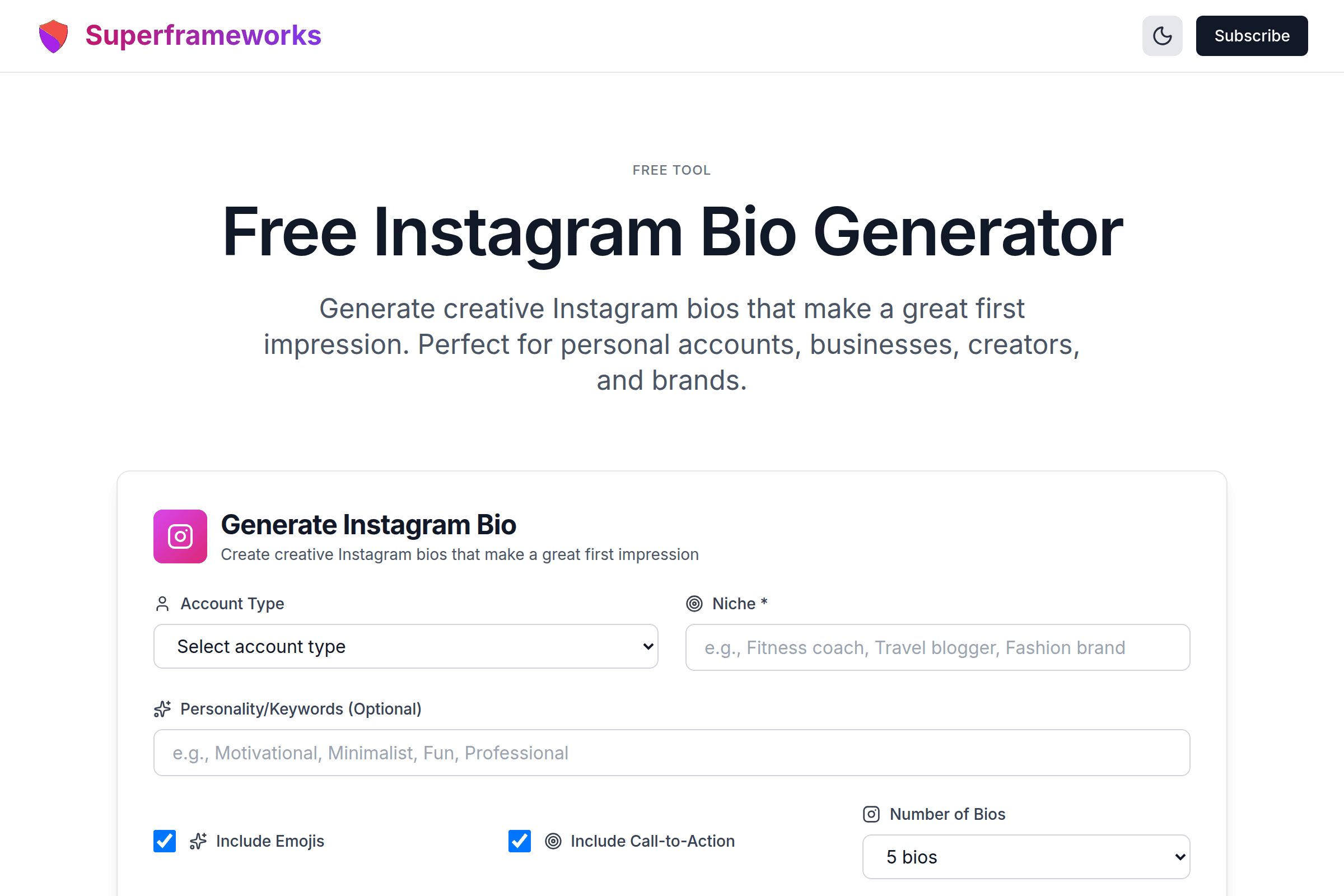Instagram Bio Generator interface preview on Superframeworks