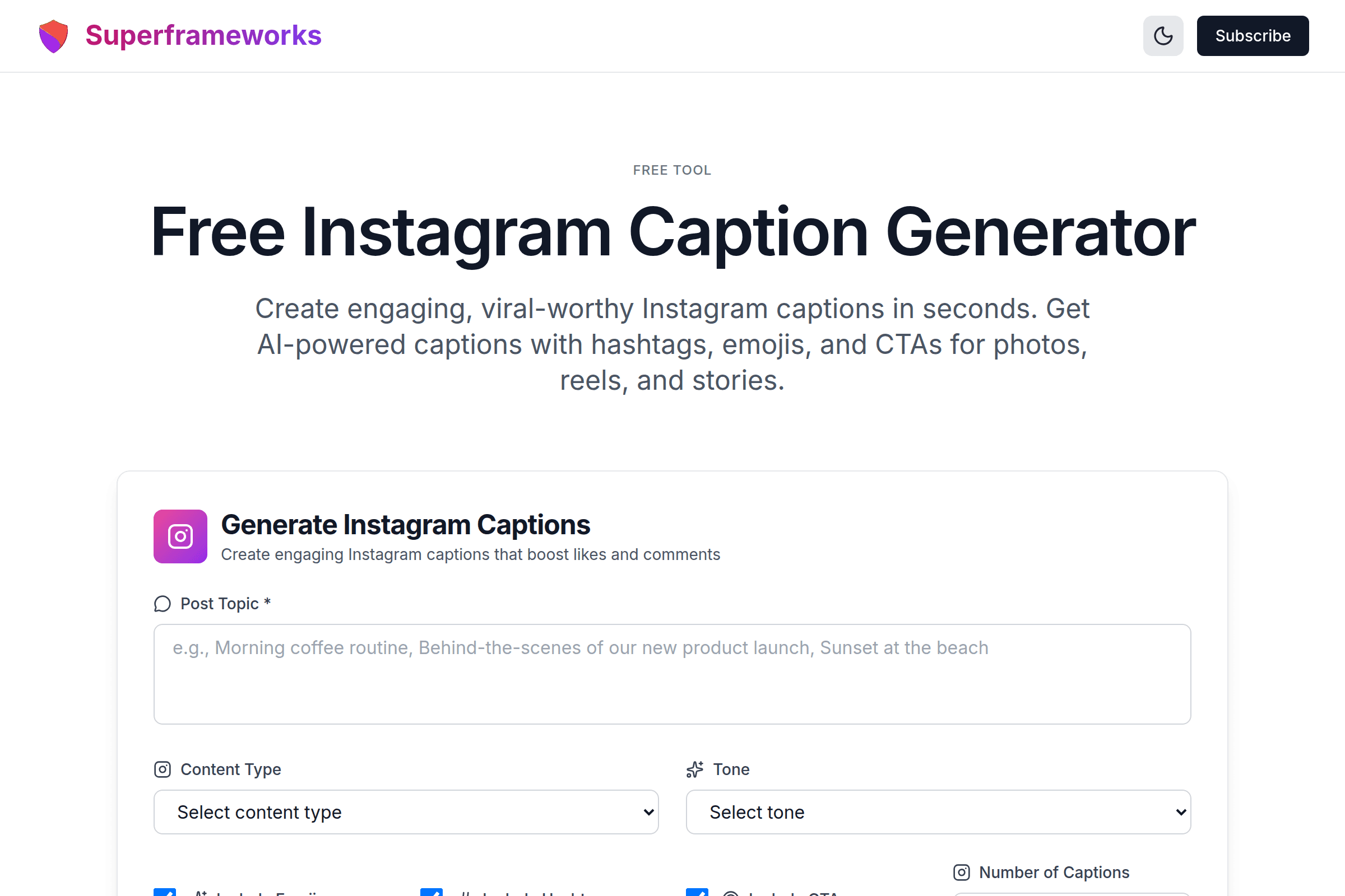 Instagram Caption Generator interface preview on Superframeworks