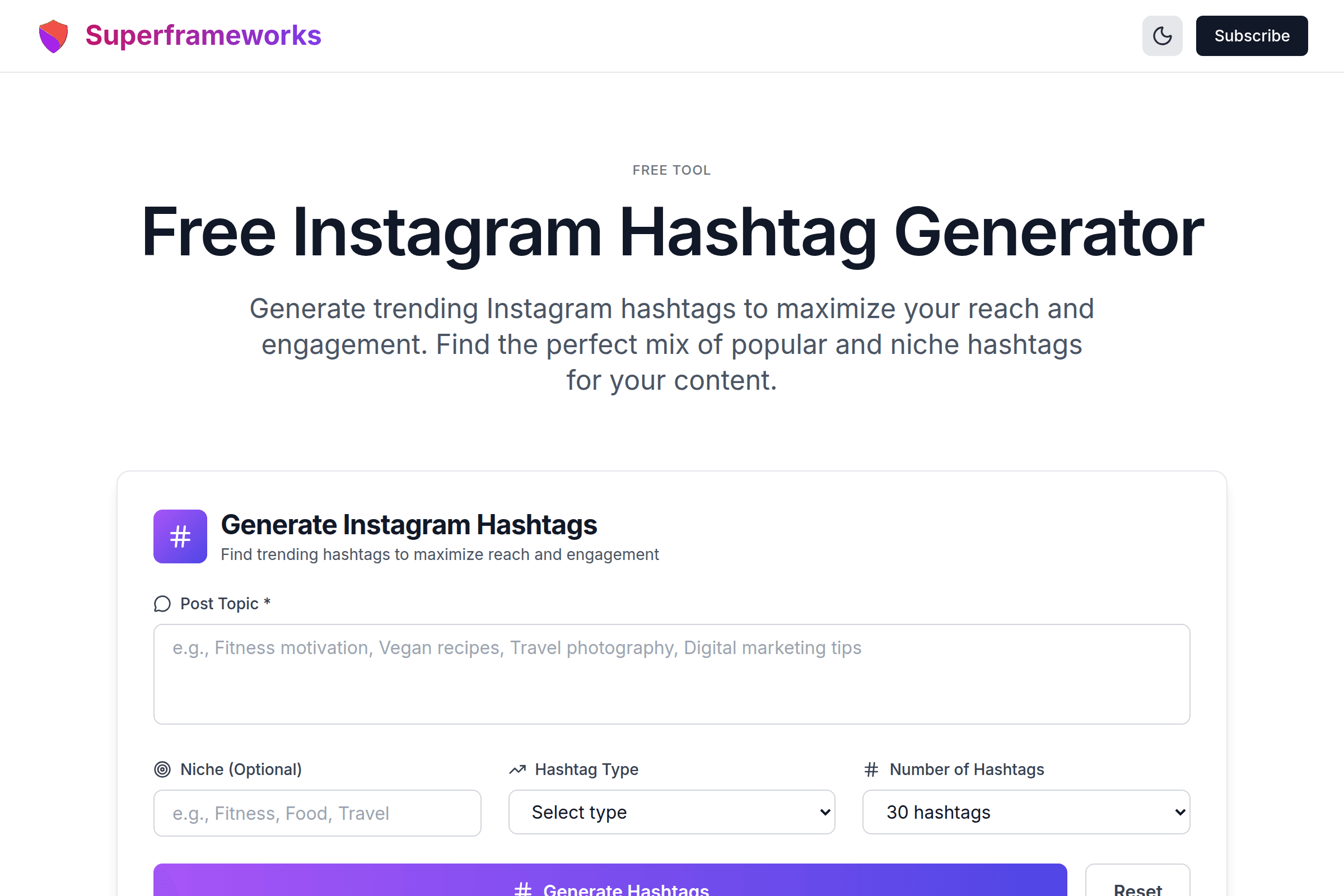 Instagram Hashtag Generator interface preview on Superframeworks