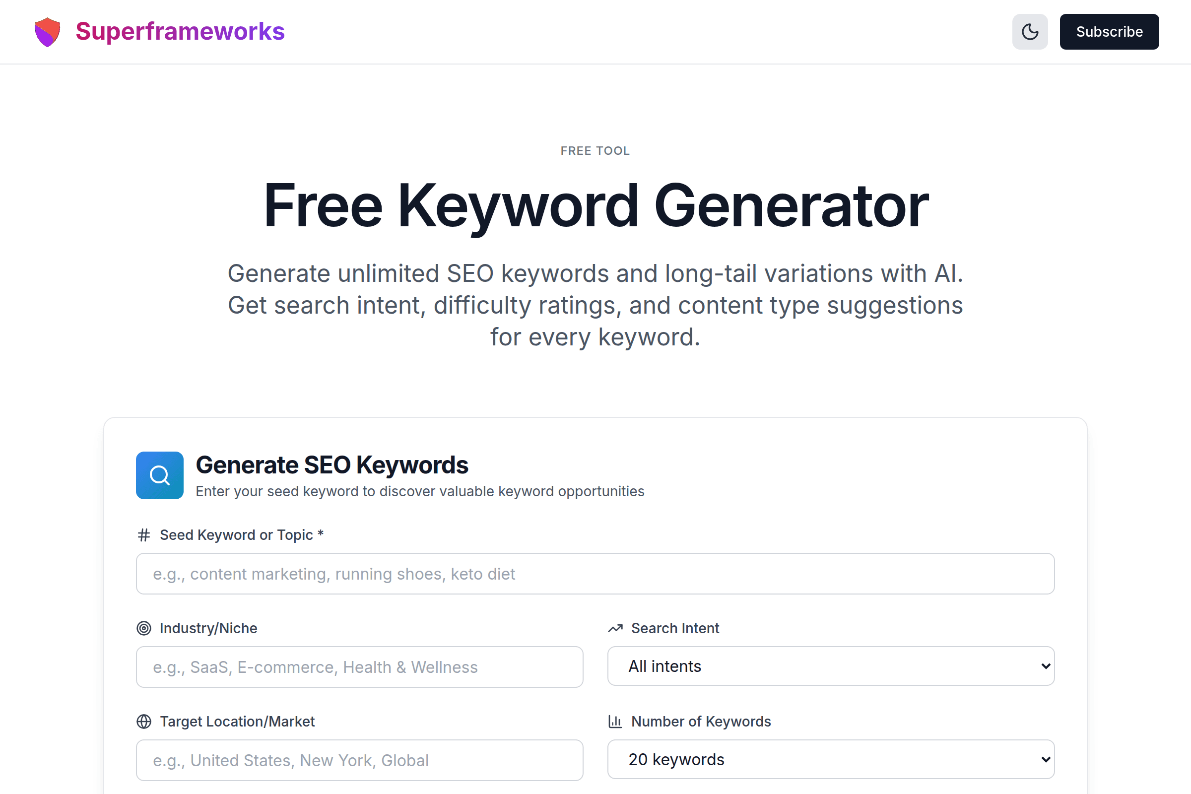Keyword Generator interface preview on Superframeworks