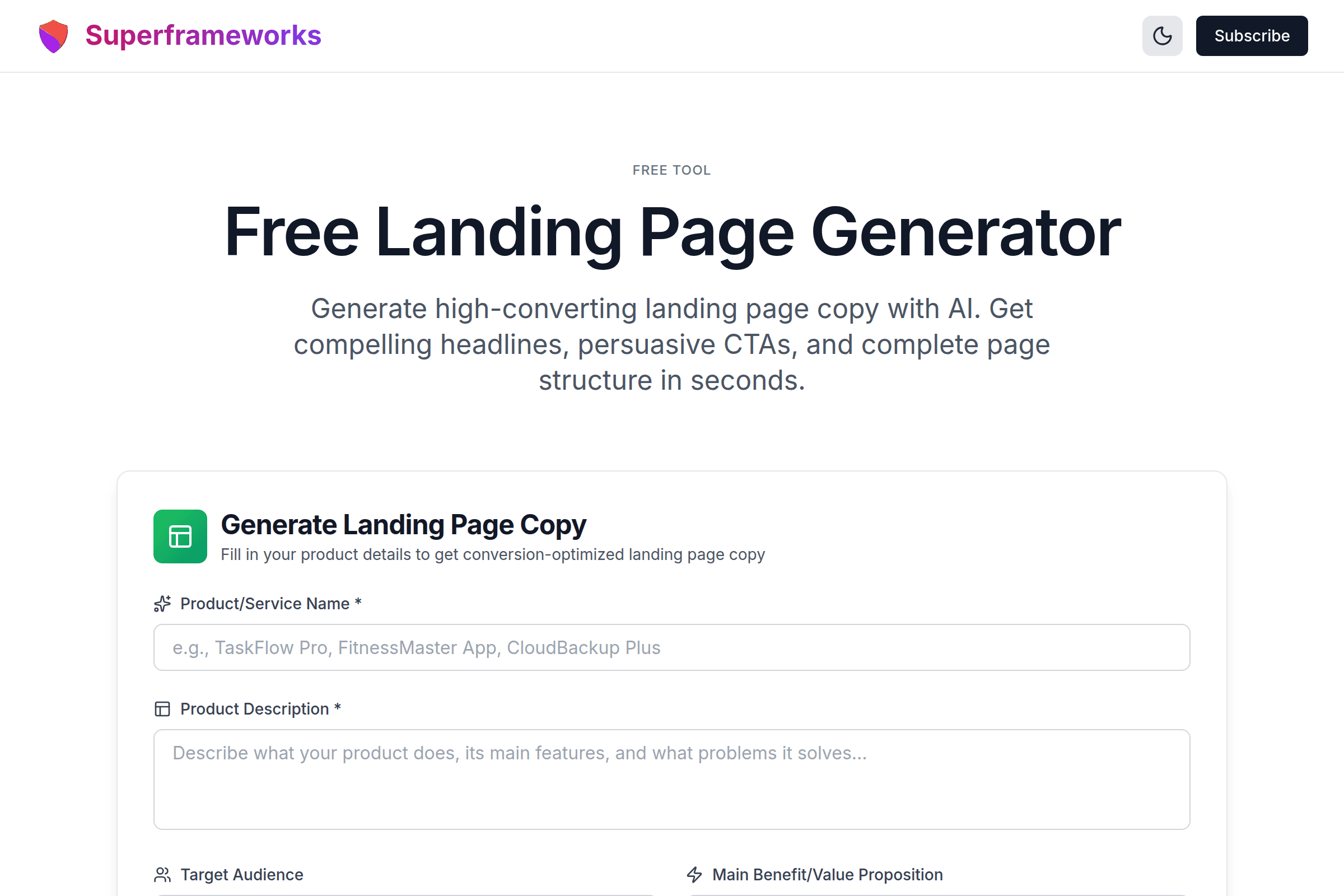 Landing Page Generator interface preview on Superframeworks