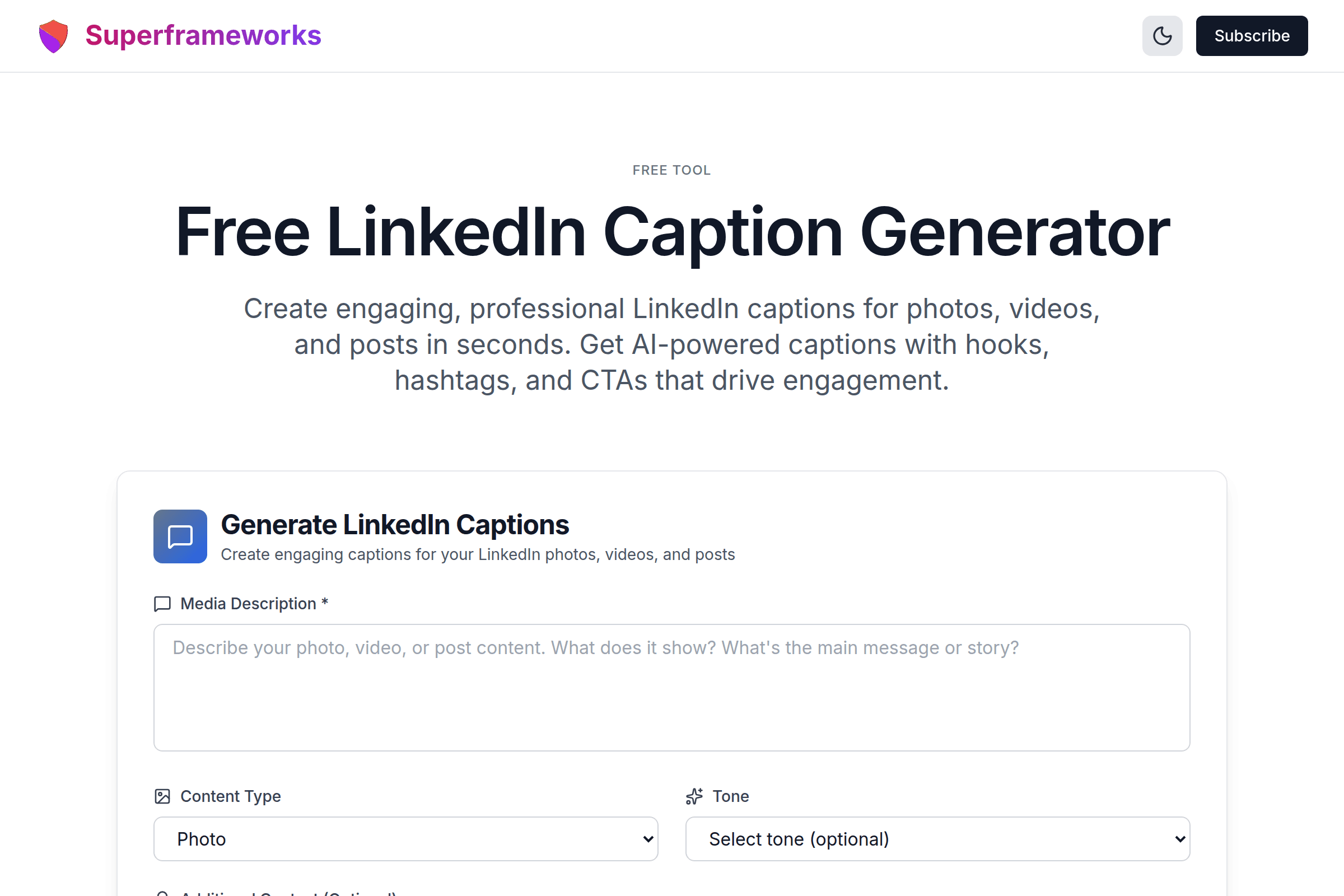 LinkedIn Caption Generator interface preview on Superframeworks