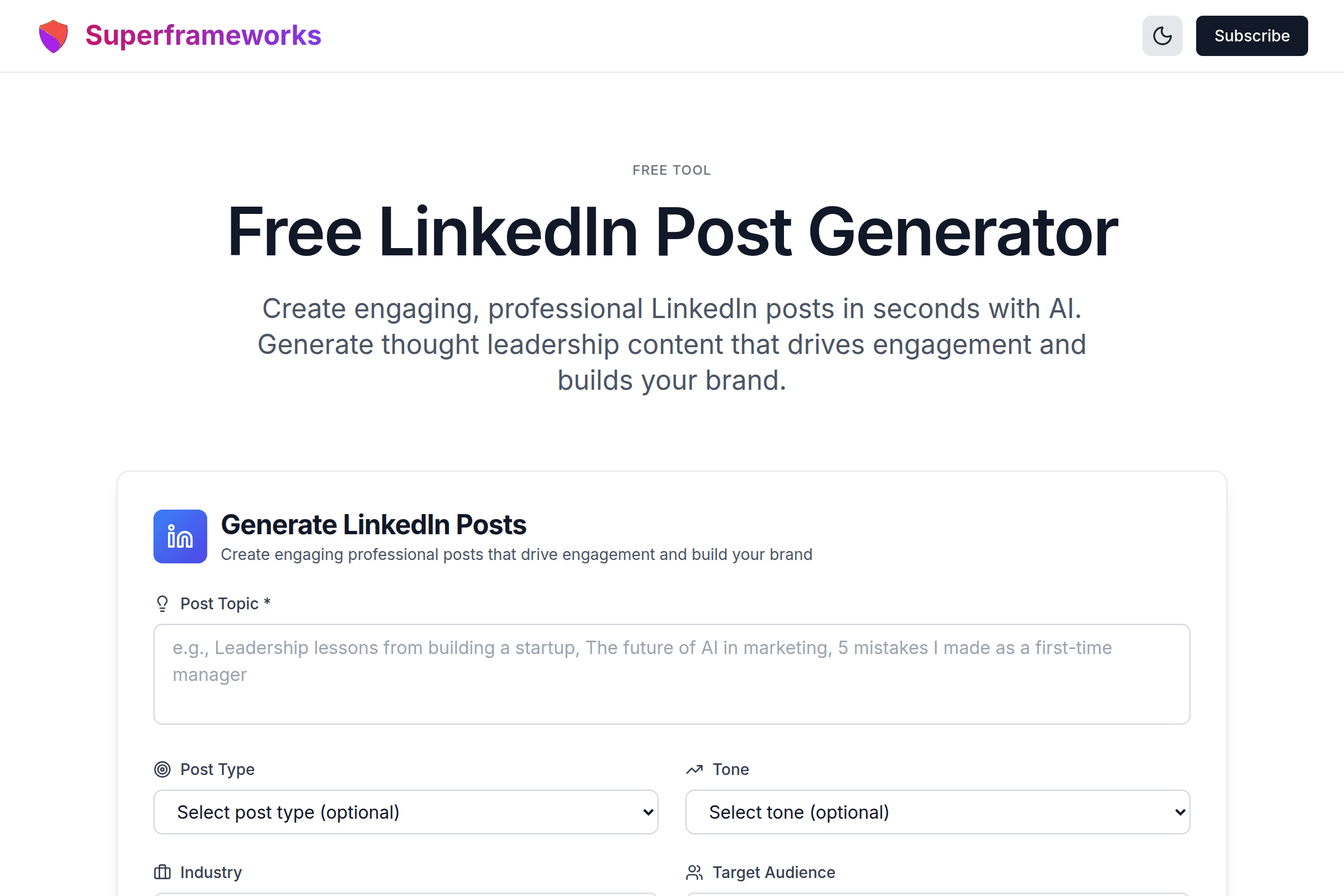 LinkedIn Post Generator interface preview on Superframeworks