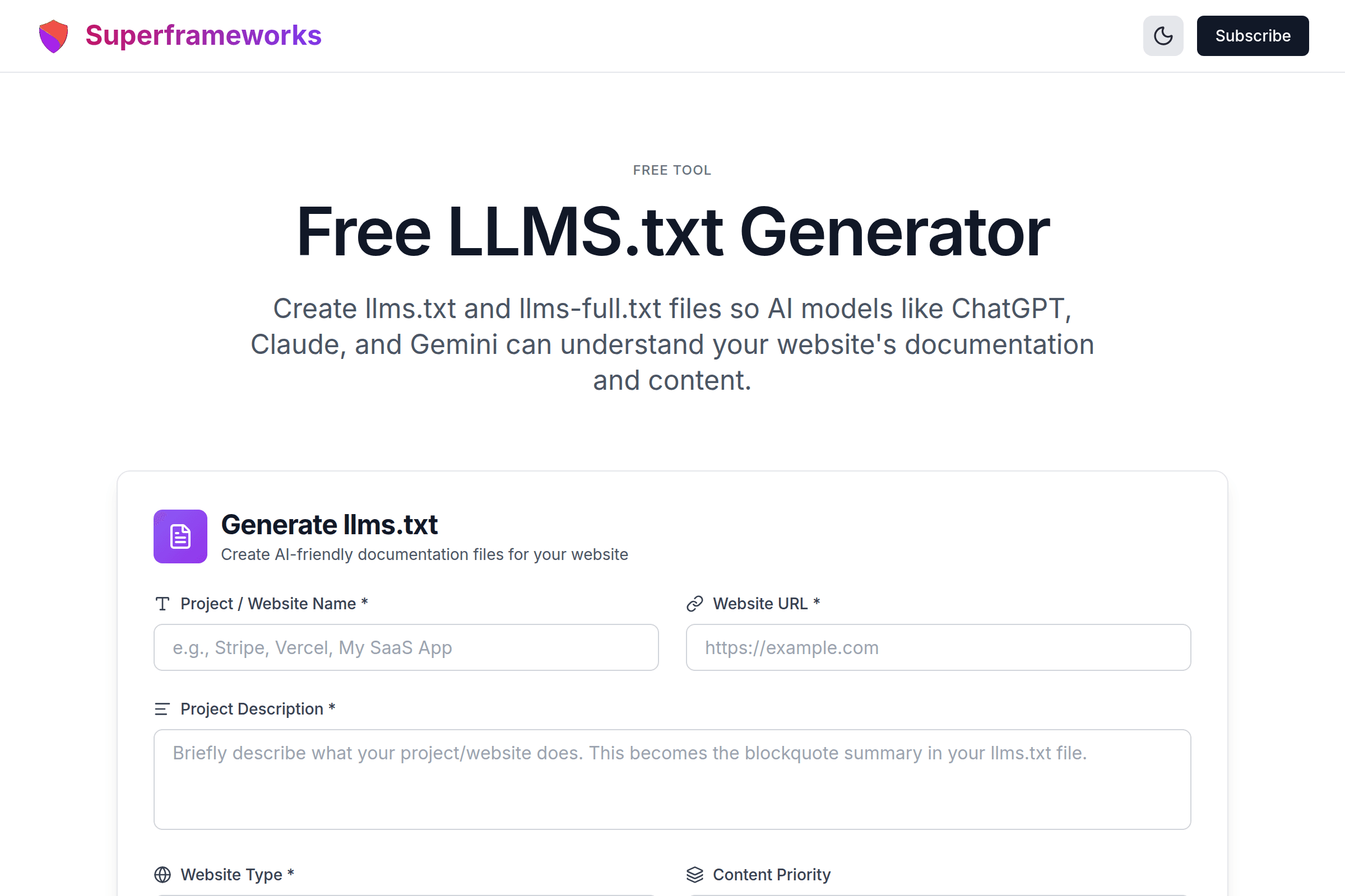 LLMS.txt Generator interface preview on Superframeworks