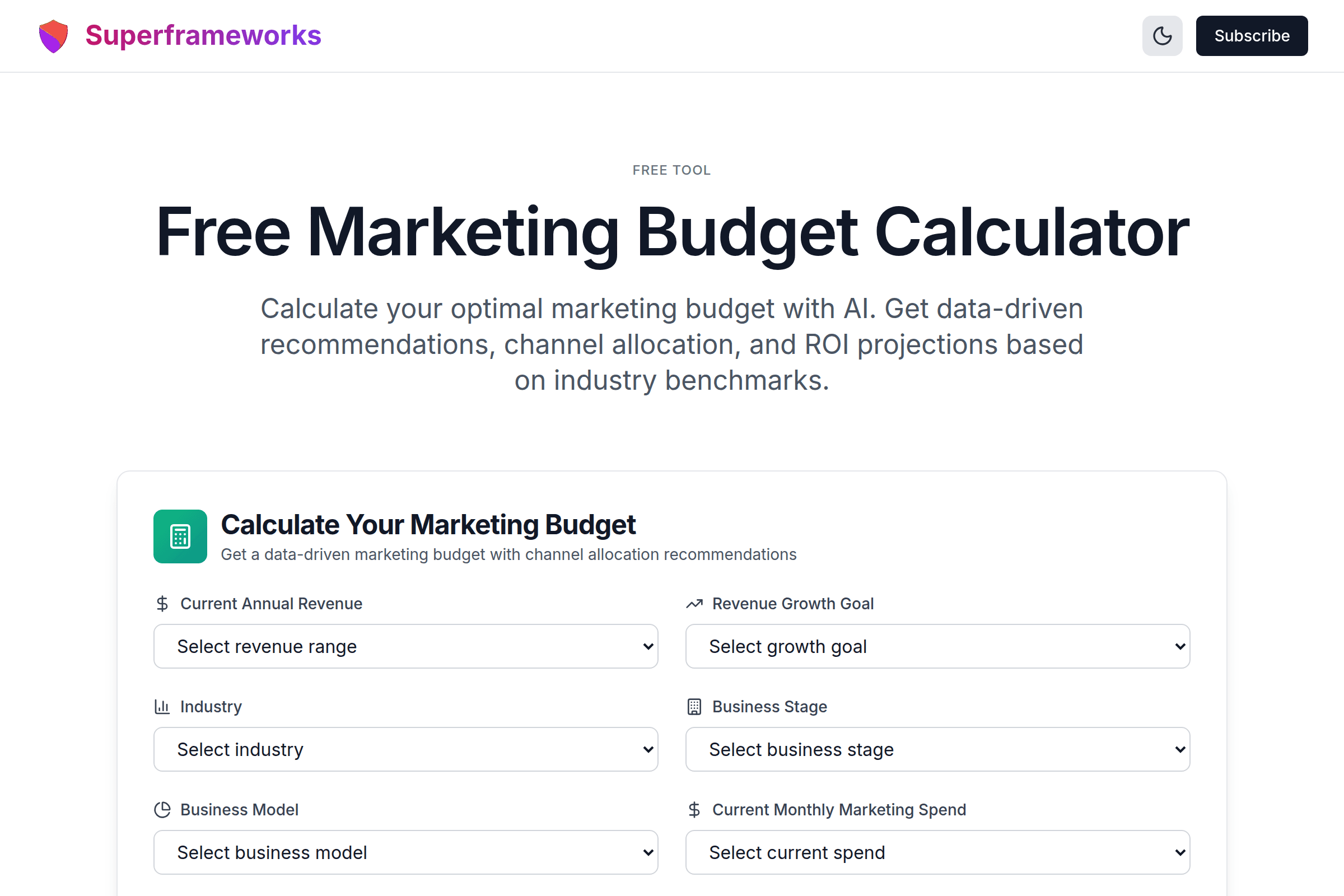 Marketing Budget Calculator interface preview on Superframeworks