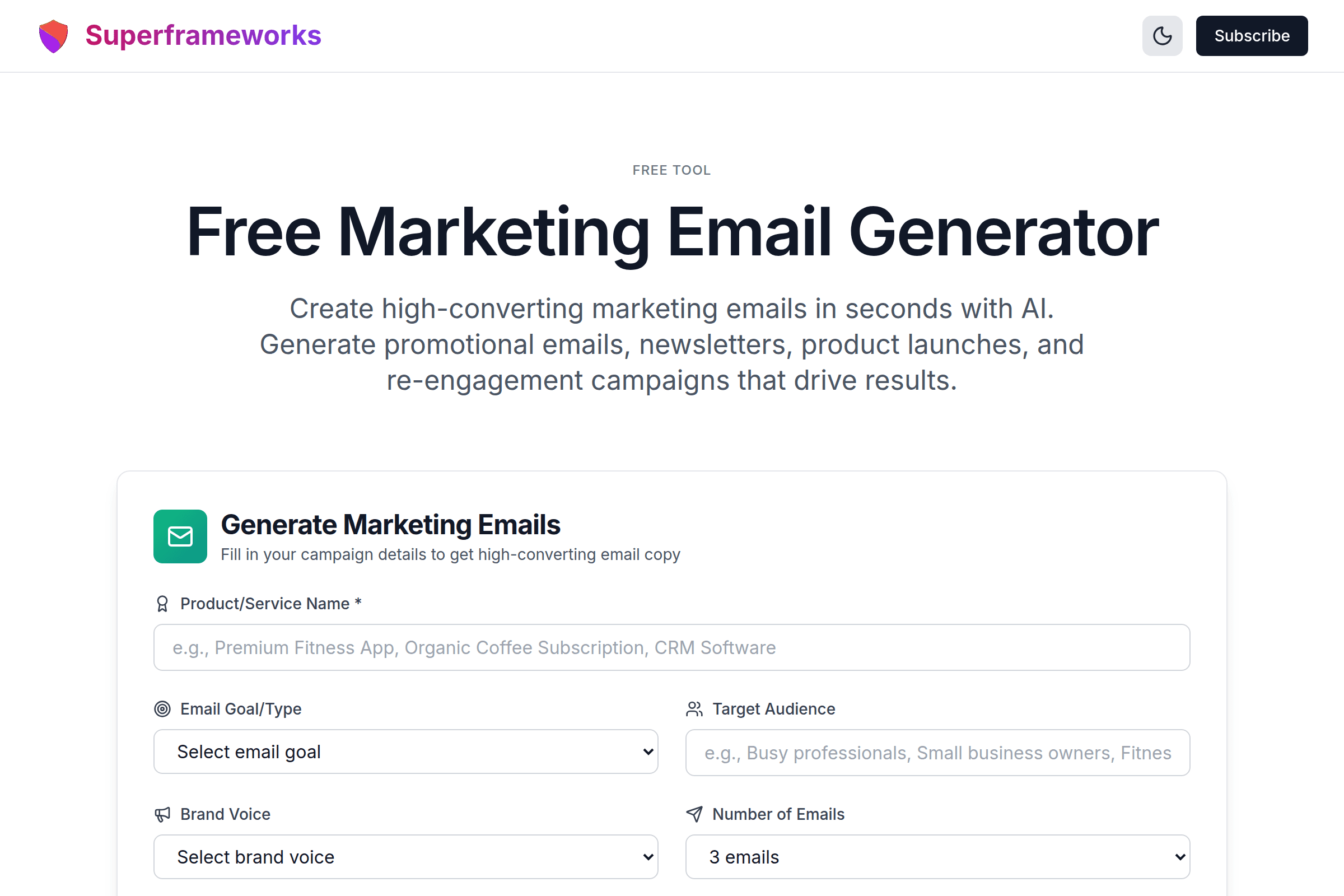 Marketing Email Generator interface preview on Superframeworks