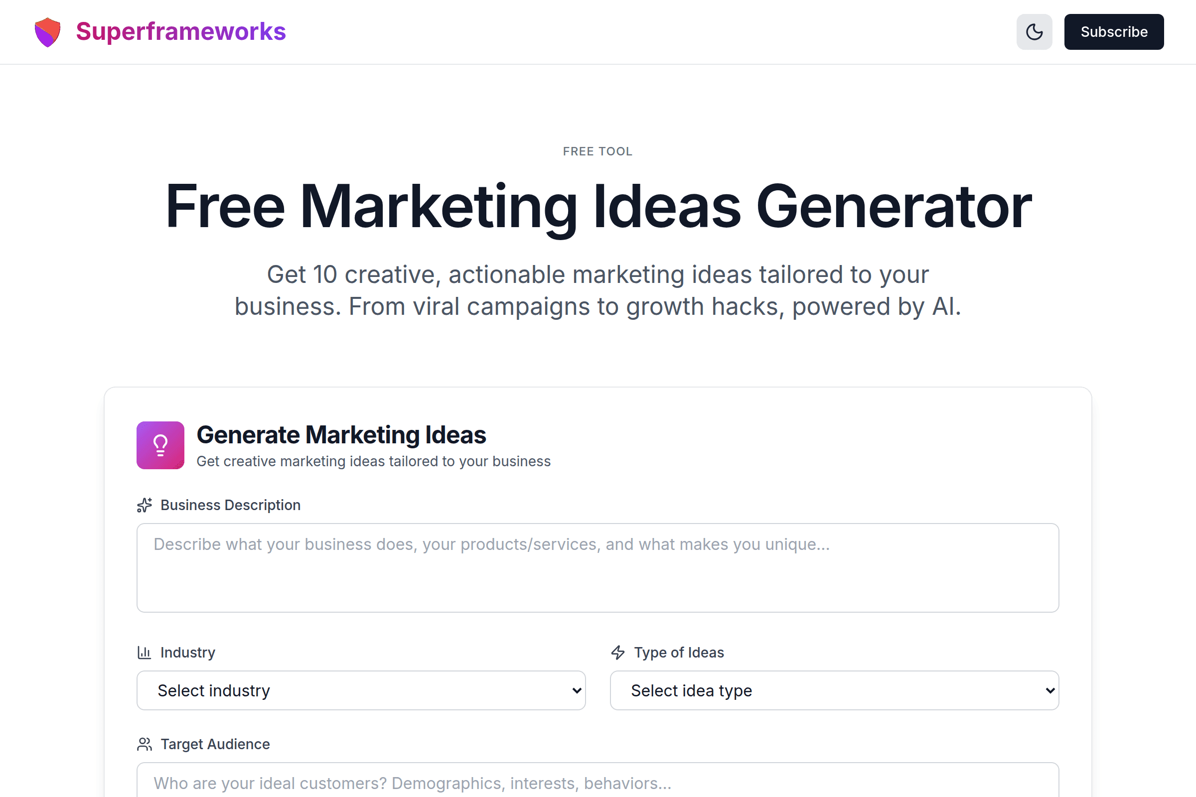 Marketing Ideas Generator interface preview on Superframeworks
