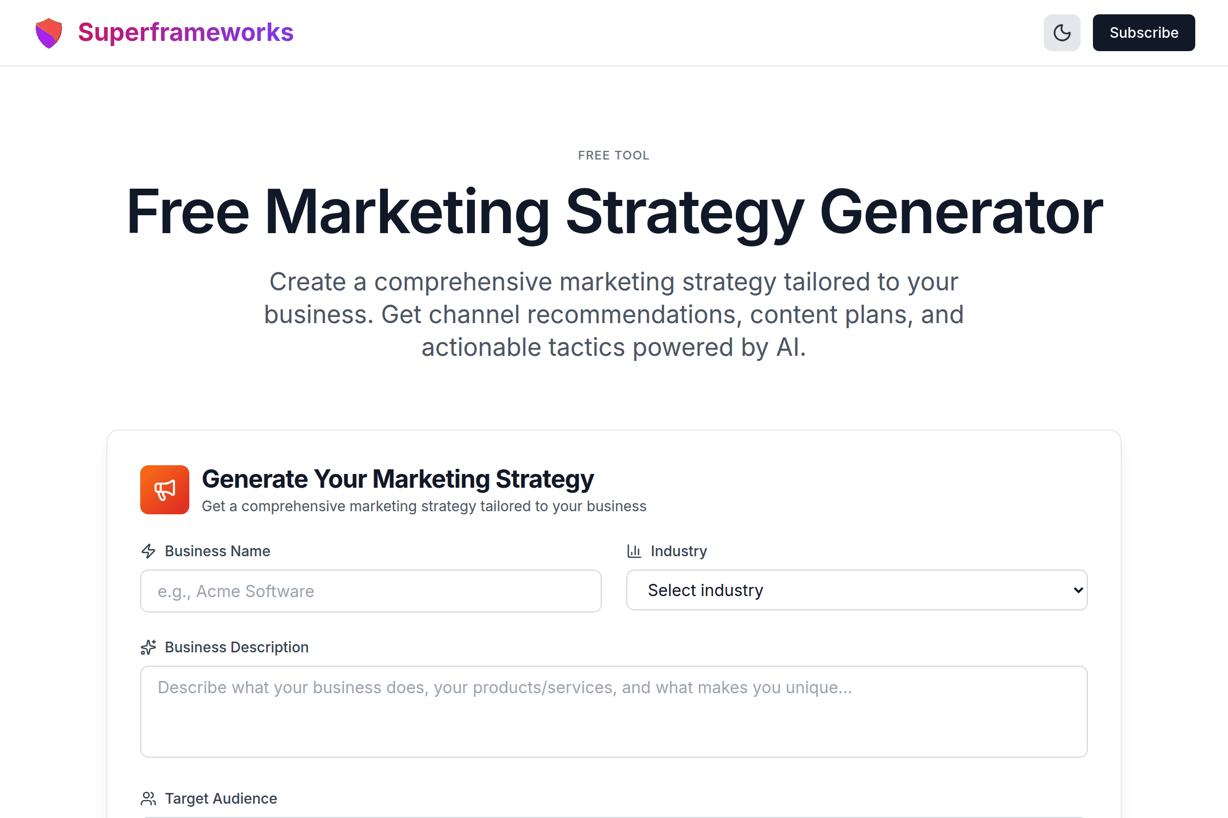 Marketing Strategy Generator interface preview on Superframeworks