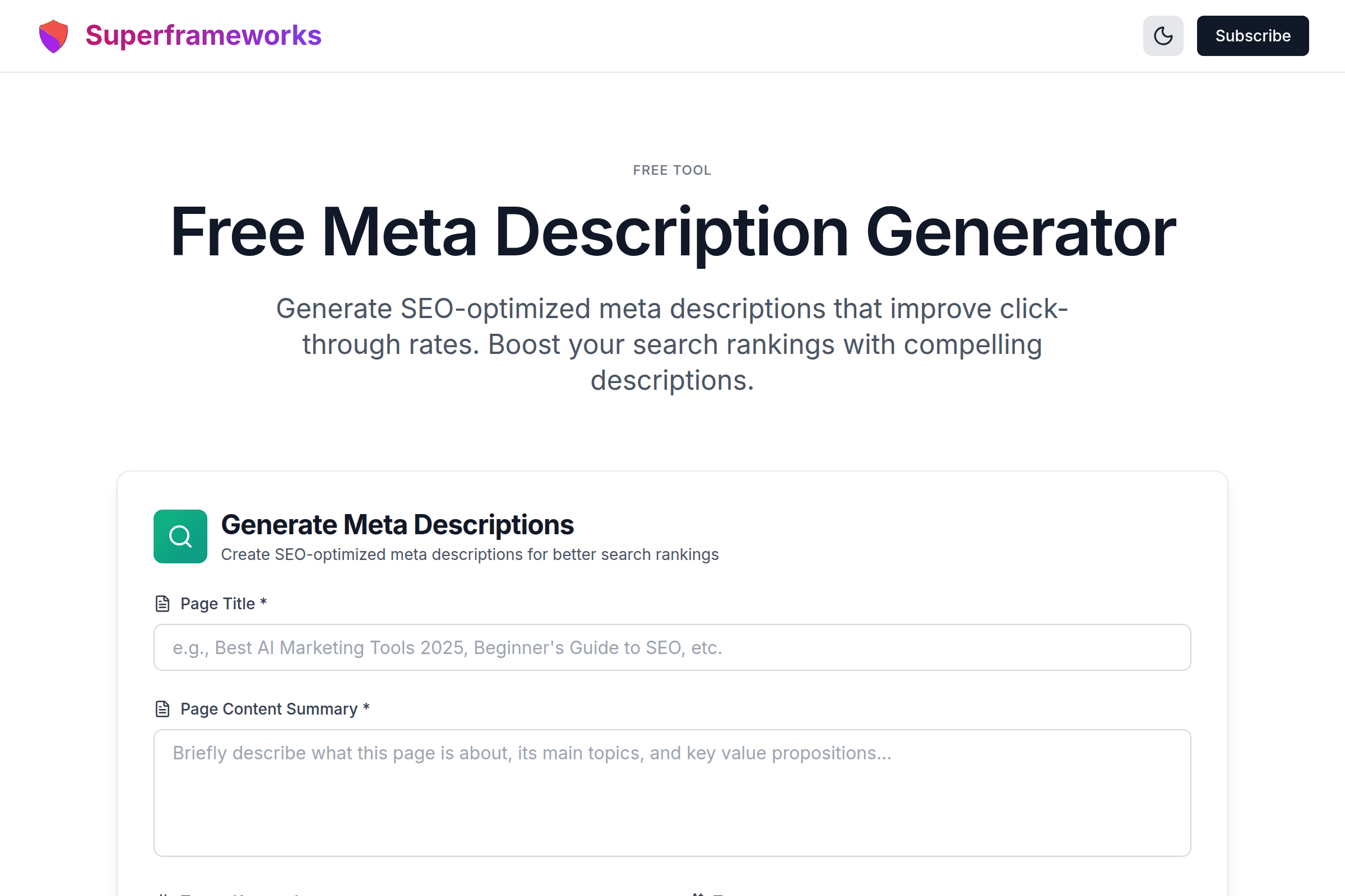 Meta Description Generator interface preview on Superframeworks