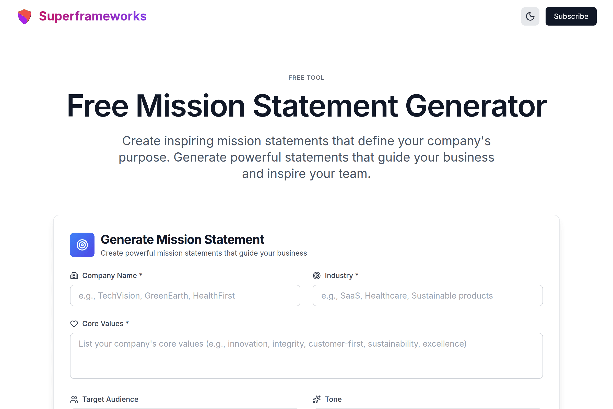 Mission Statement Generator interface preview on Superframeworks
