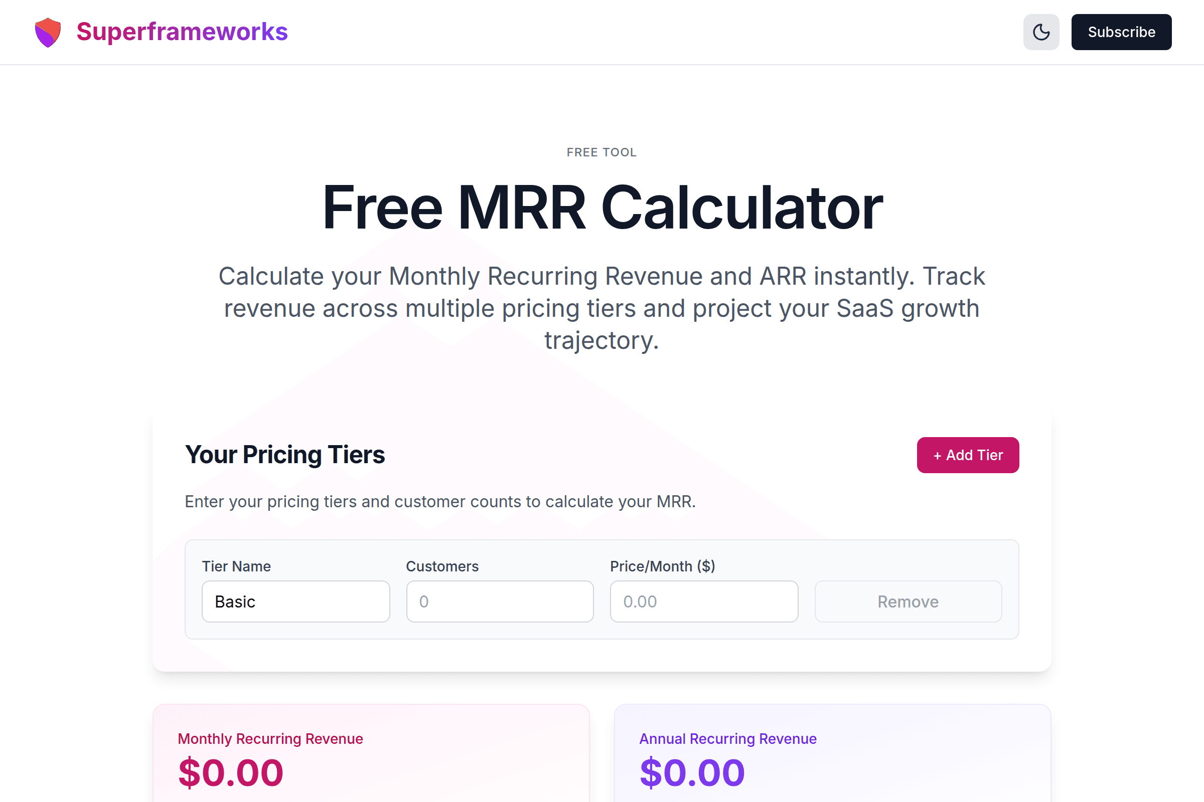 MRR Calculator interface preview on Superframeworks