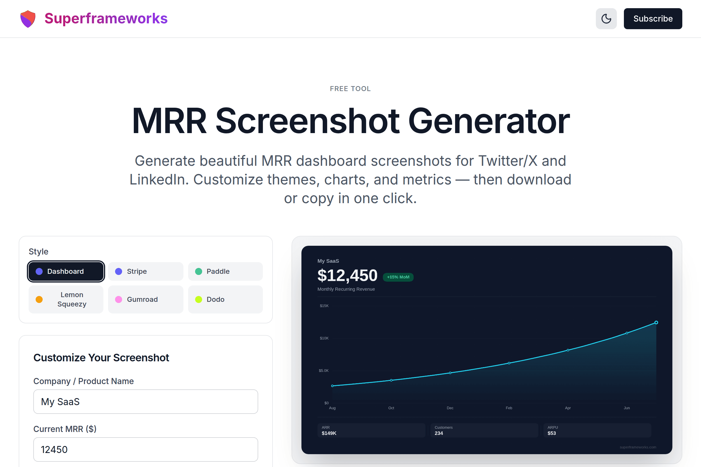 MRR Screenshot Generator interface preview on Superframeworks
