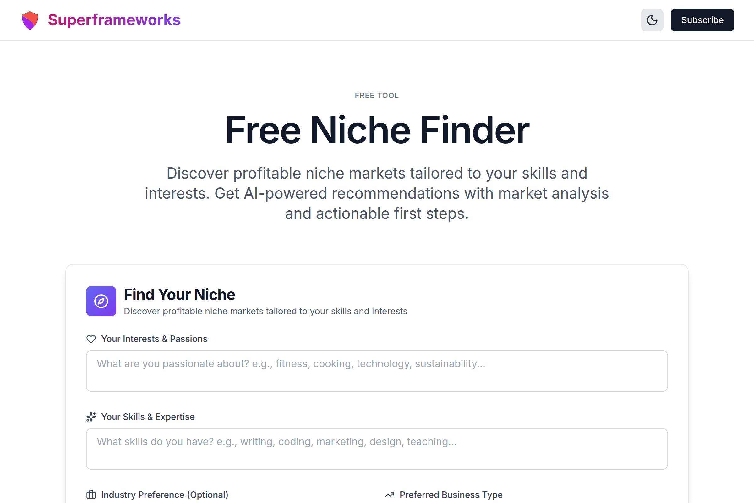 Niche Market Finder interface preview on Superframeworks