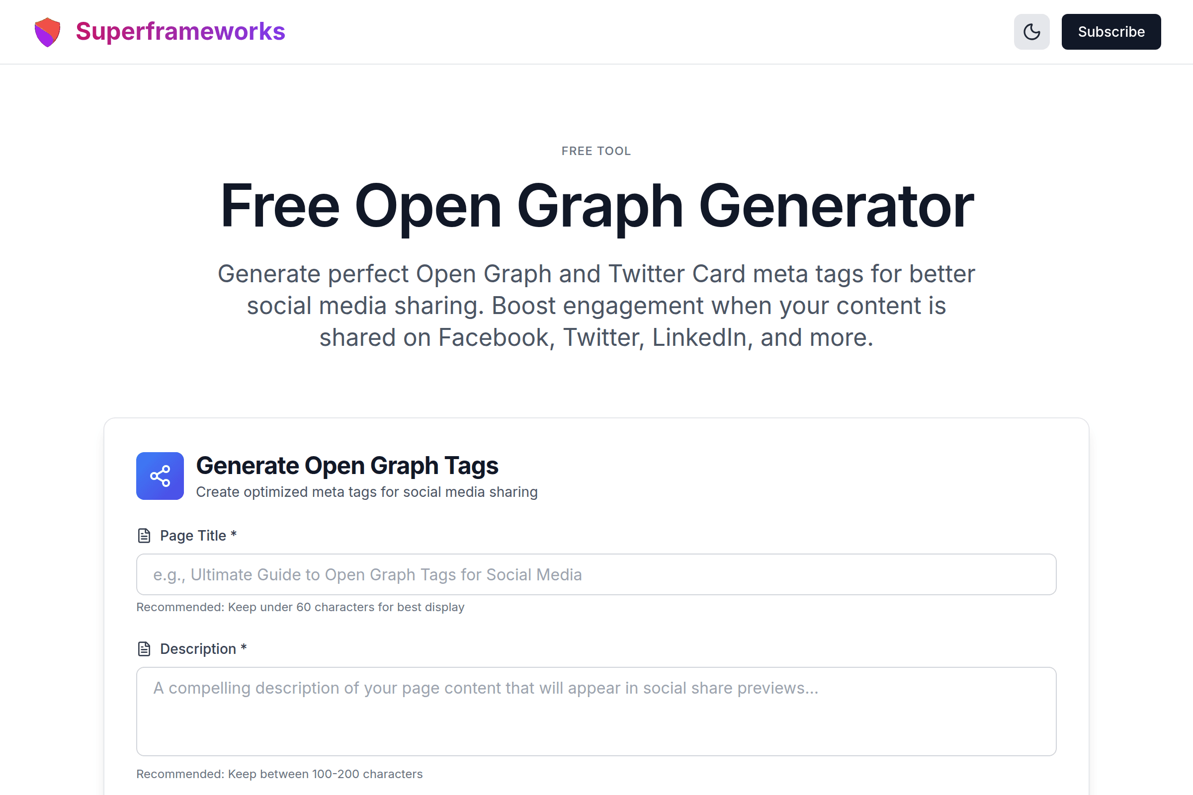 Open Graph Generator interface preview on Superframeworks