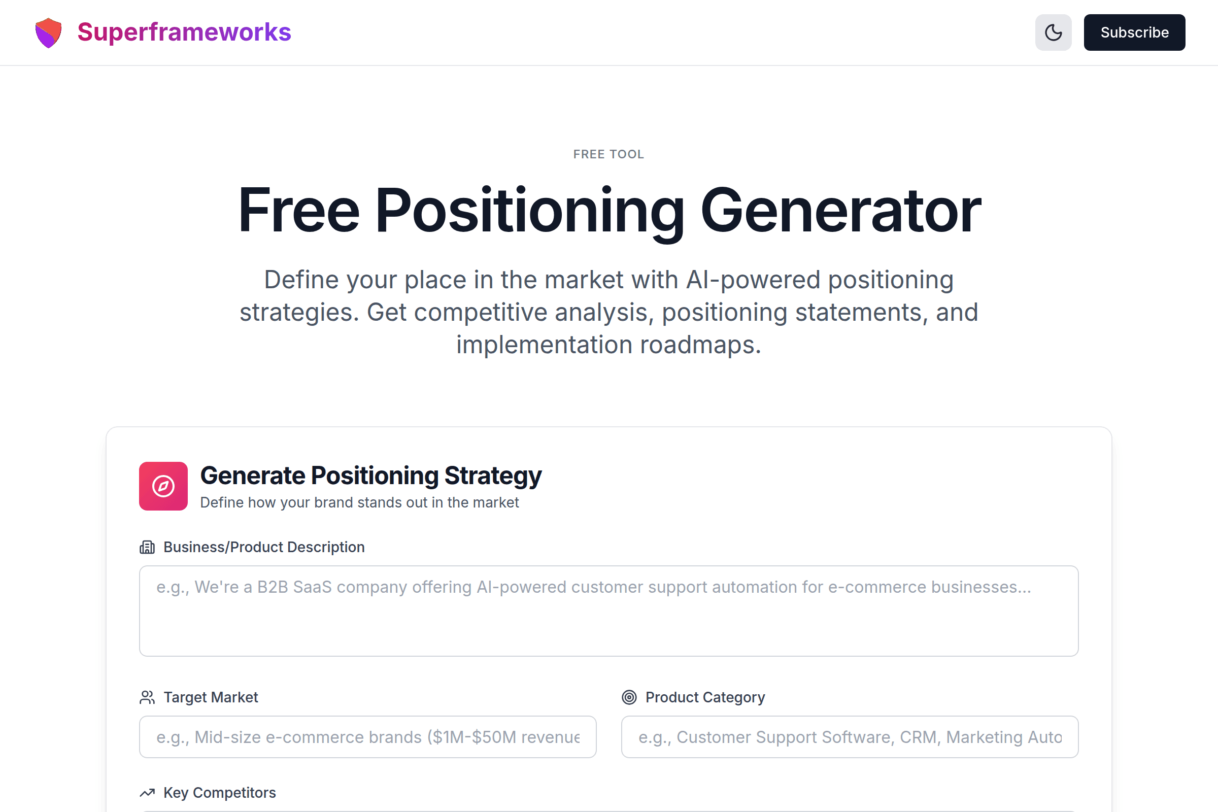 Positioning Generator interface preview on Superframeworks