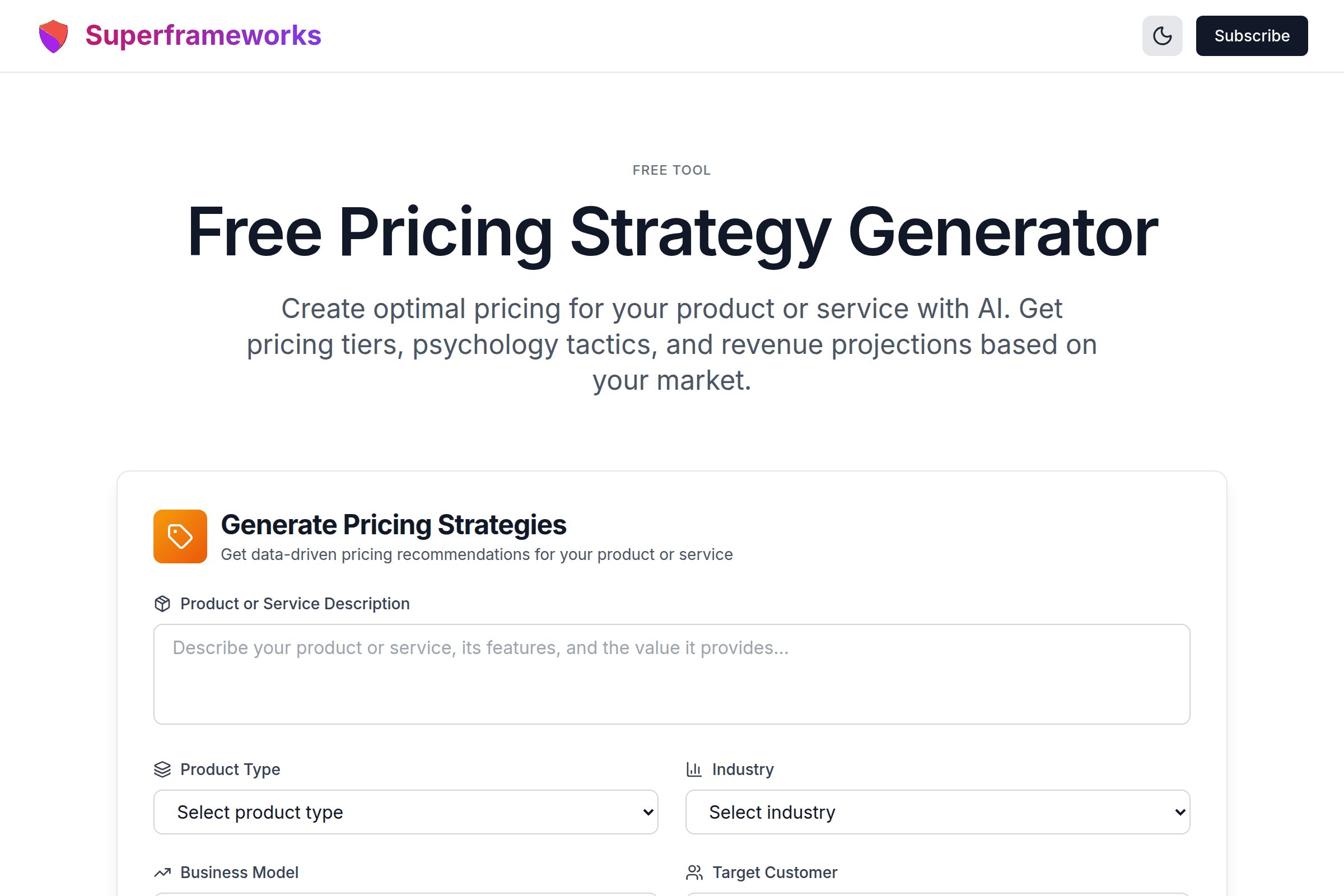 Pricing Strategies Generator interface preview on Superframeworks