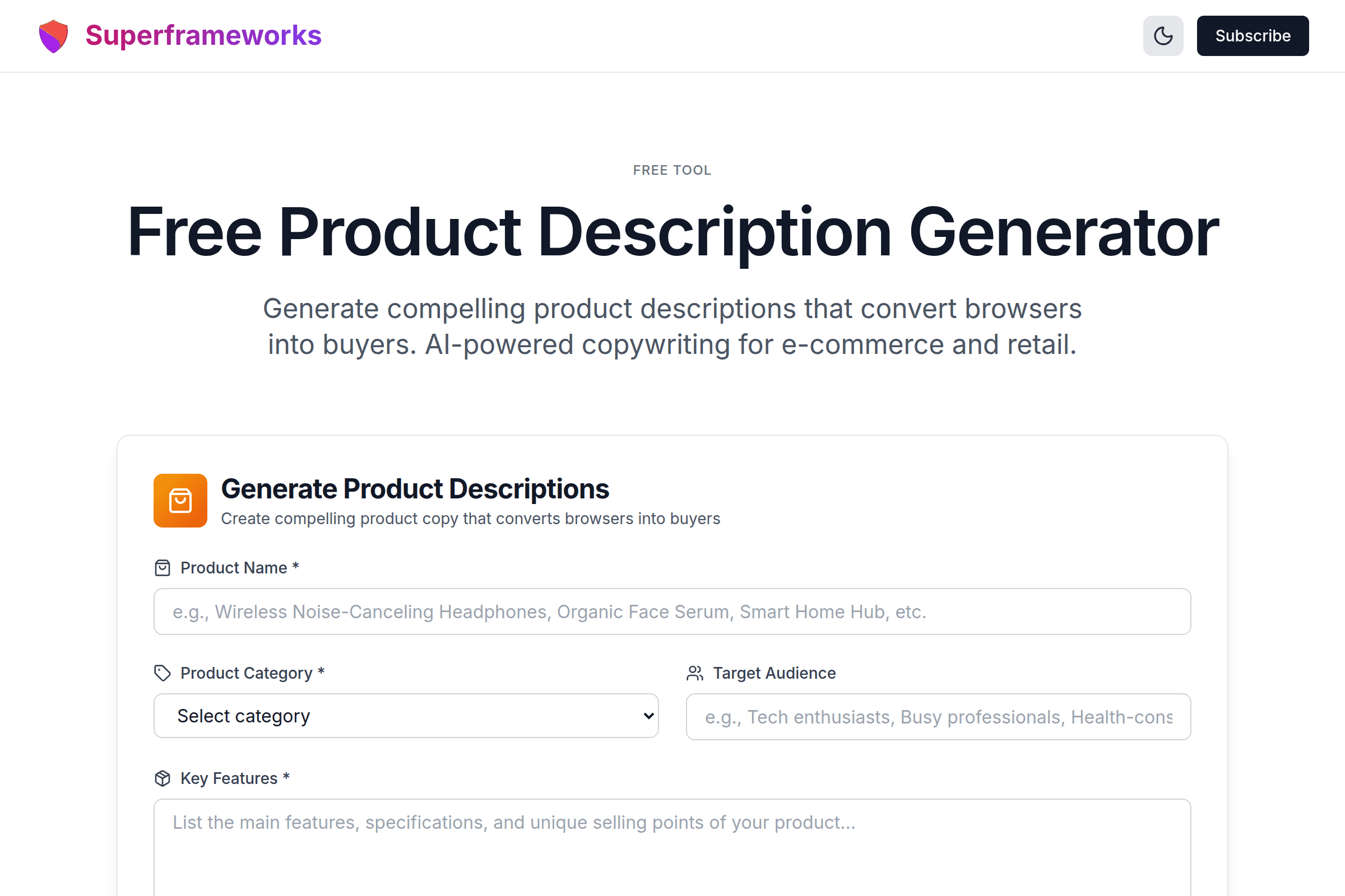 Product Description Generator interface preview on Superframeworks