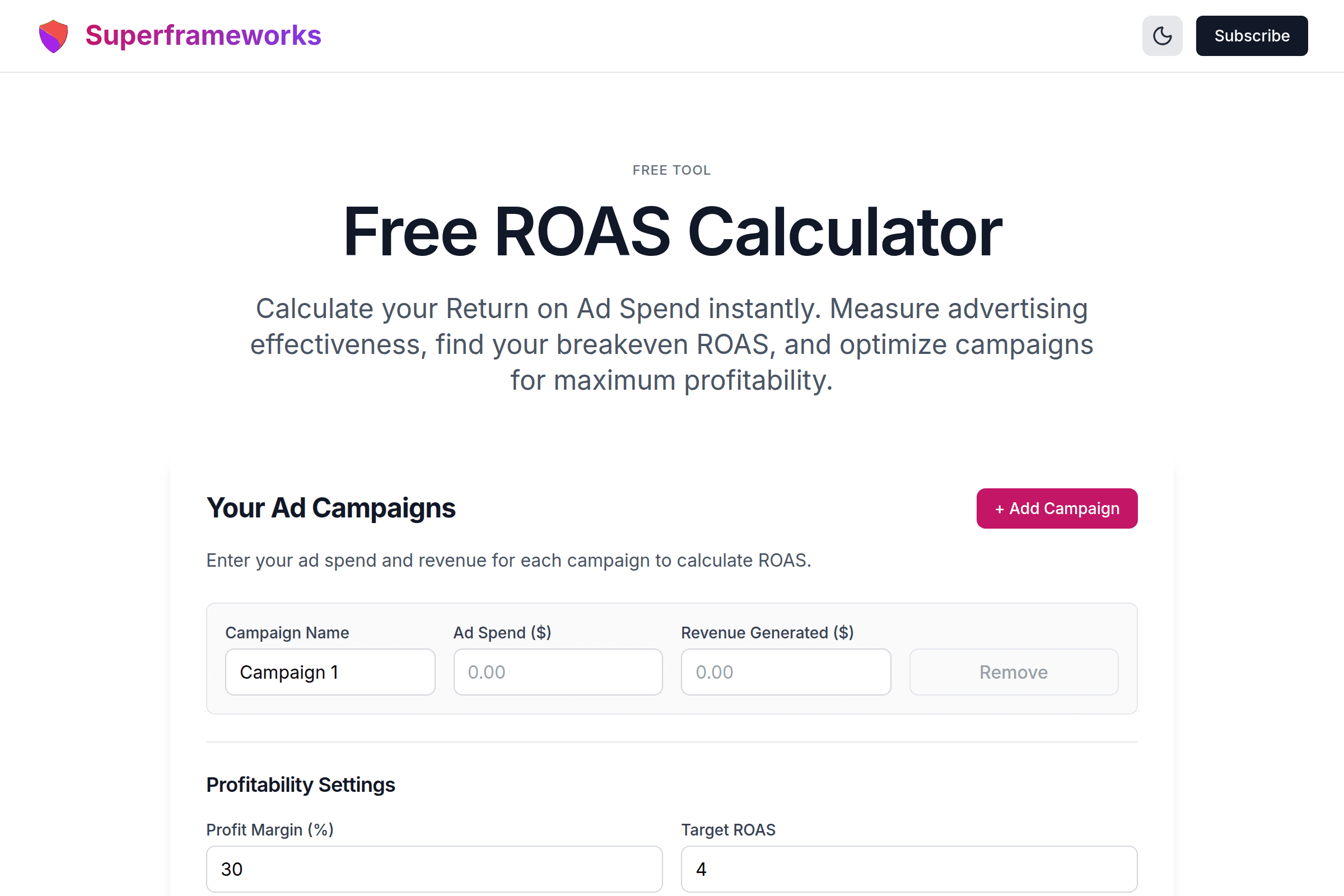 ROAS Calculator interface preview on Superframeworks