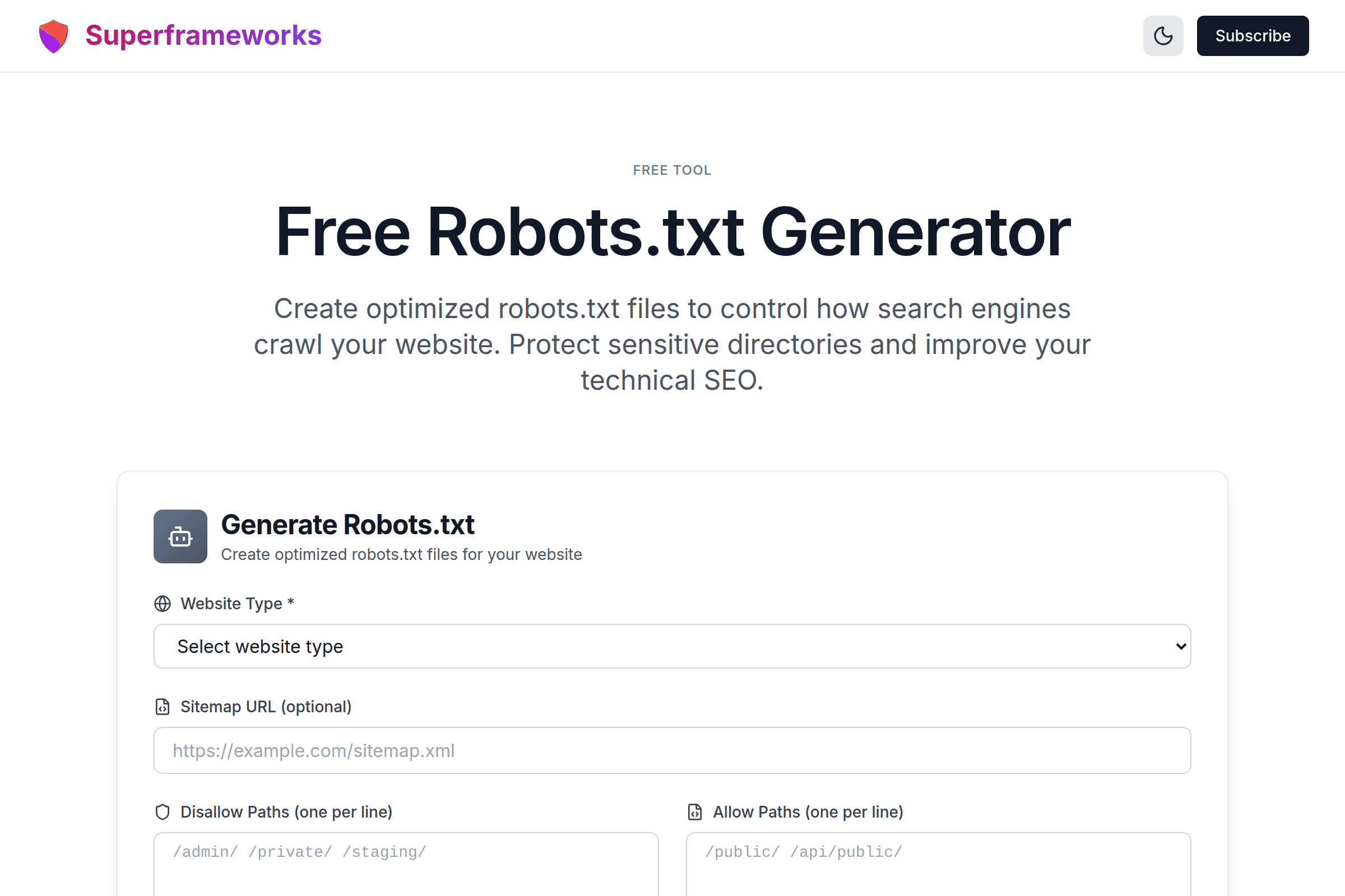 Robots.txt Generator interface preview on Superframeworks
