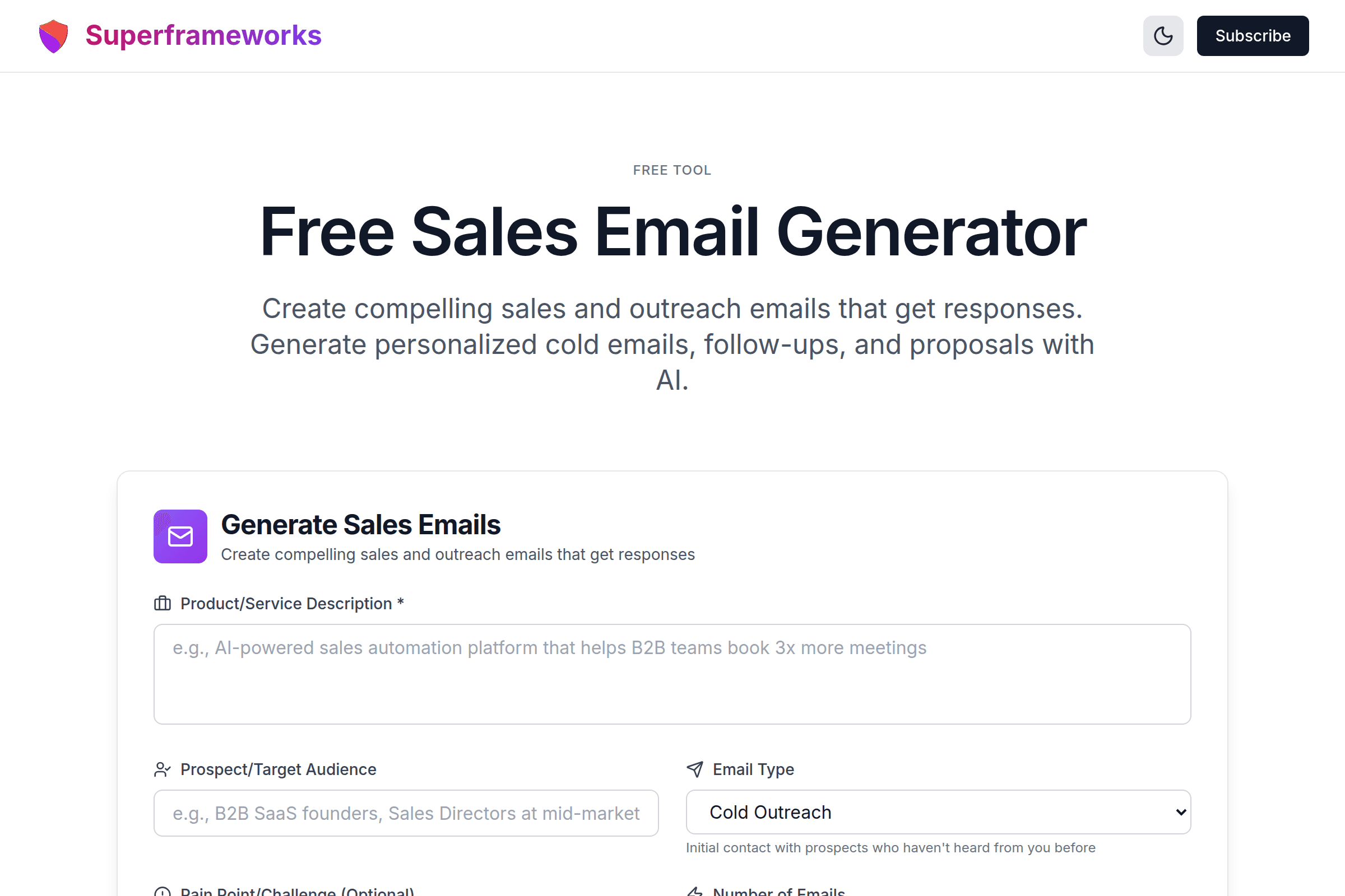 Sales Email Generator interface preview on Superframeworks