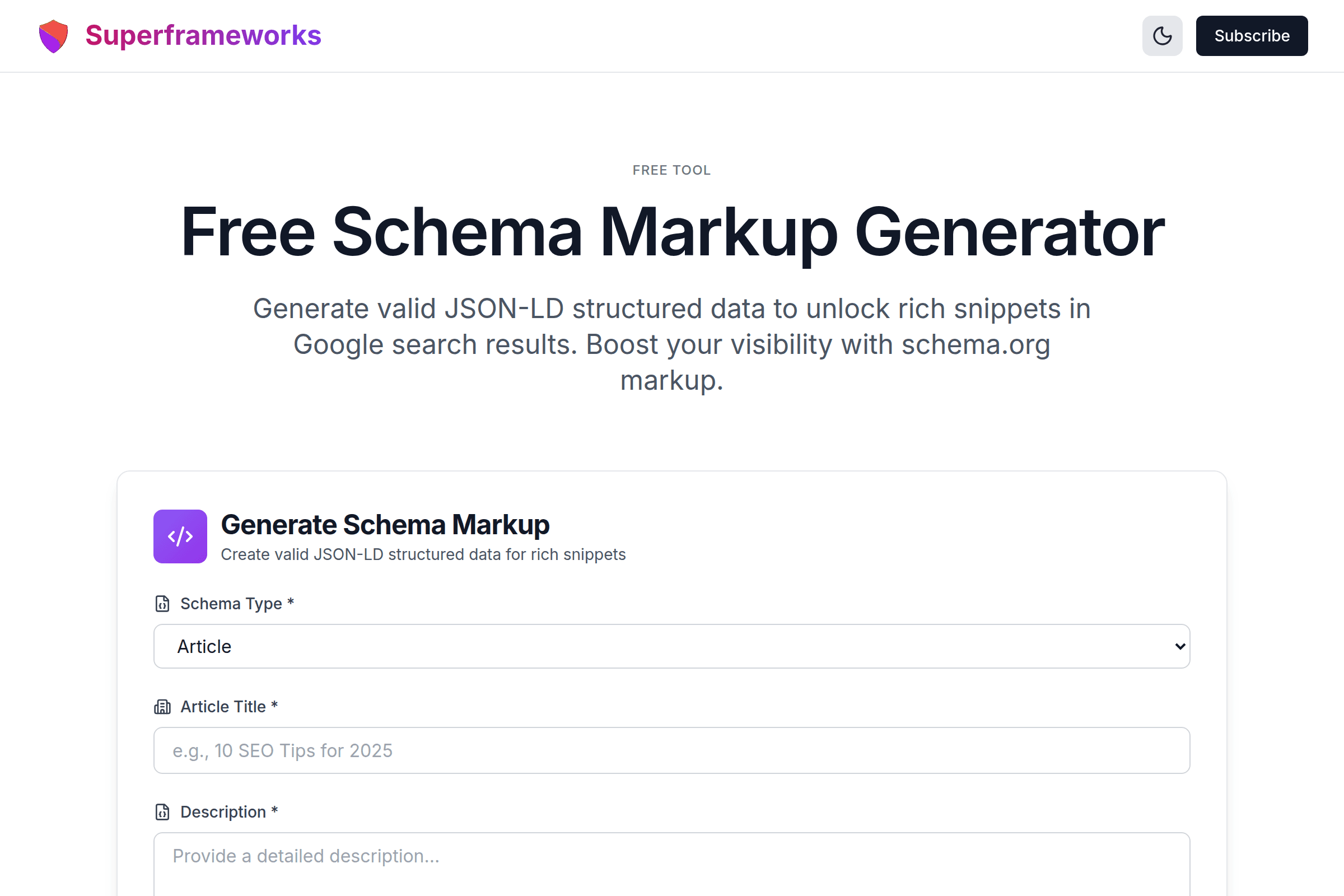 Schema Markup Generator interface preview on Superframeworks