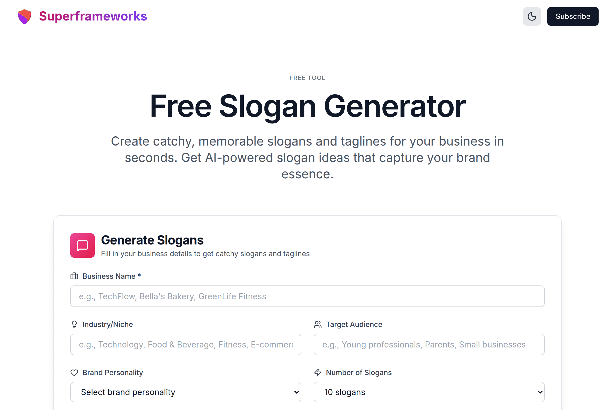 Slogan Generator interface preview on Superframeworks
