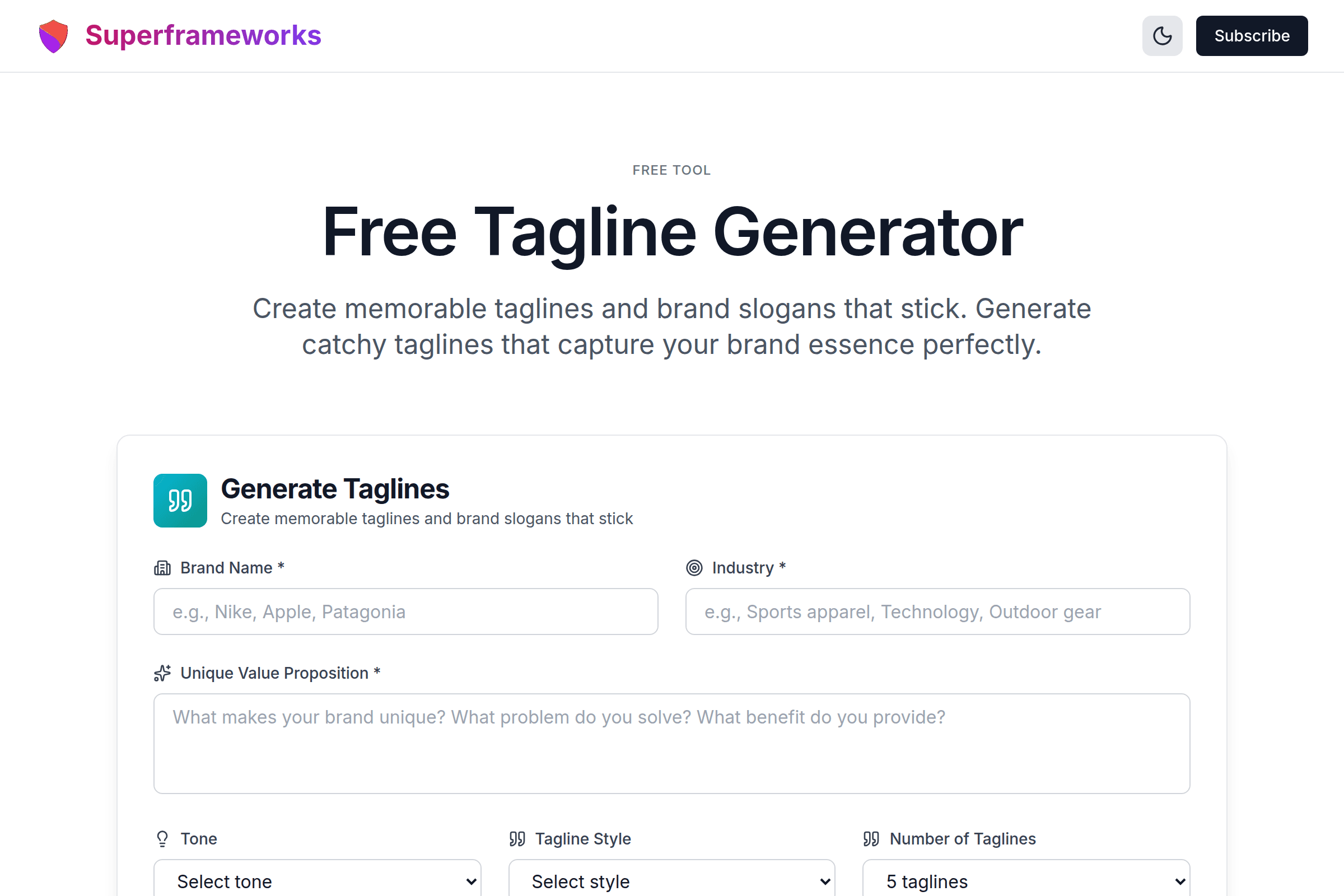 Tagline Generator interface preview on Superframeworks