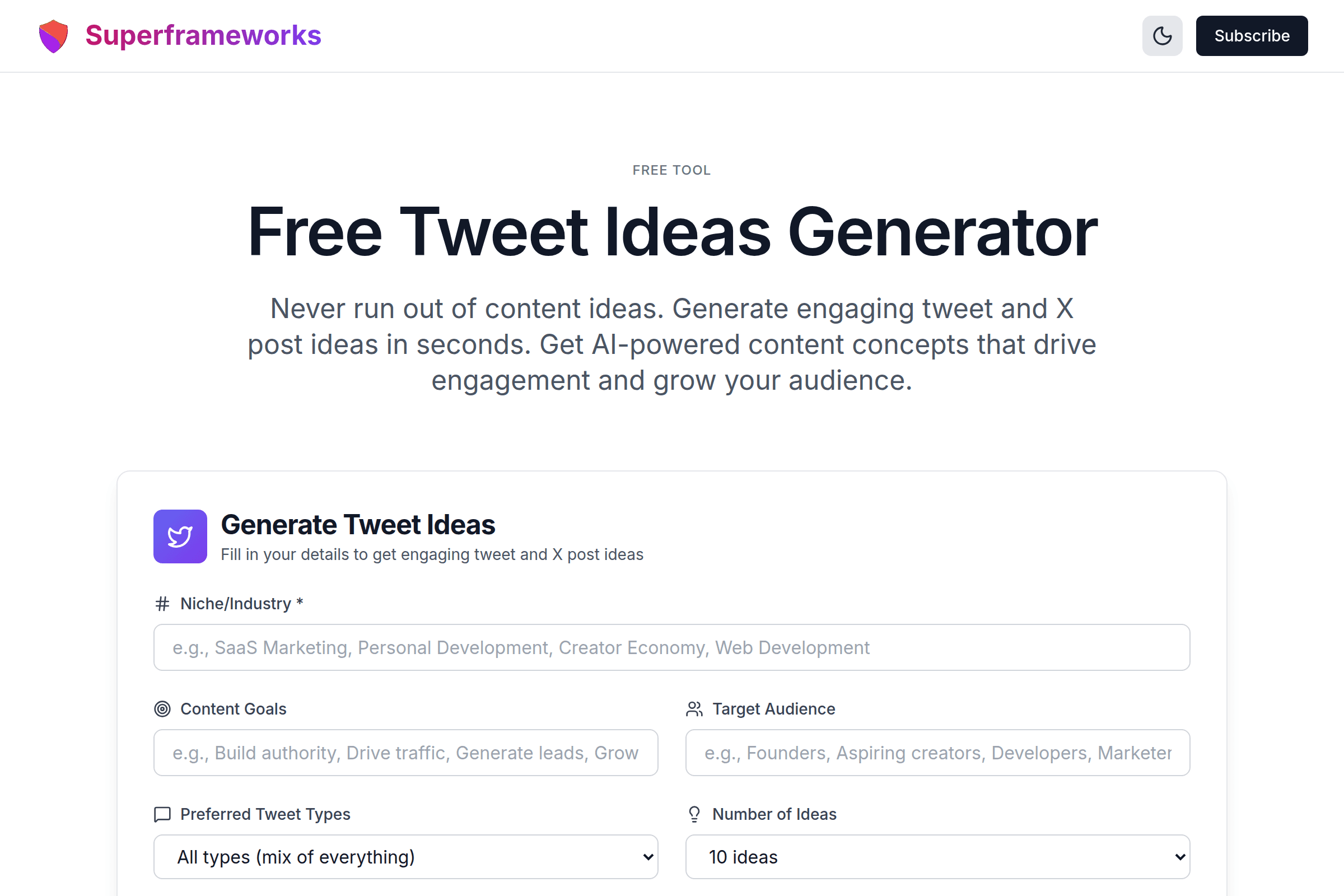 Tweet Ideas Generator interface preview on Superframeworks