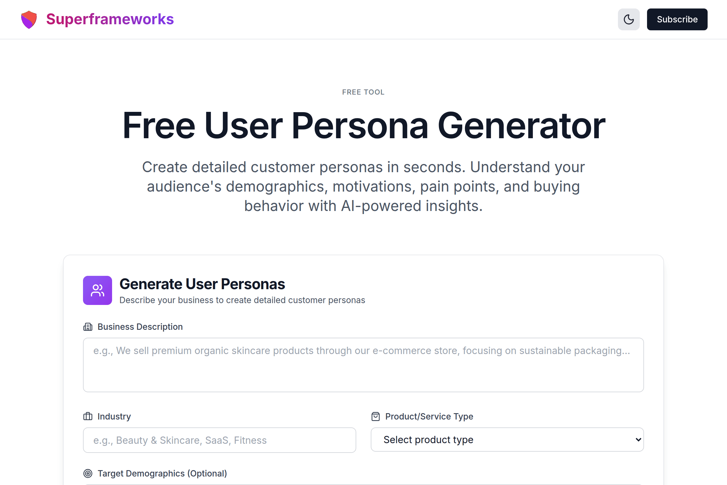 User Persona Generator interface preview on Superframeworks