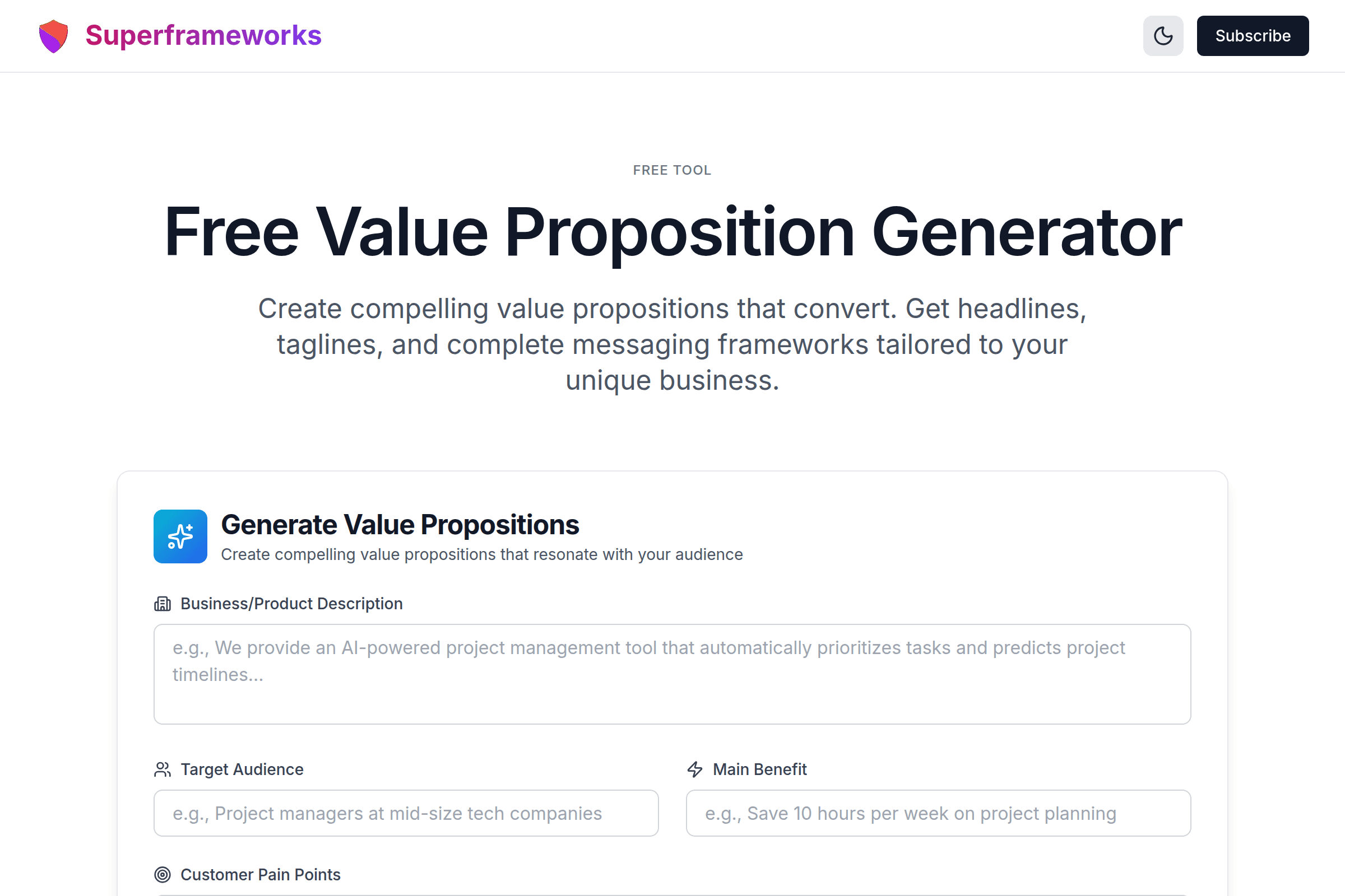 Value Proposition Generator interface preview on Superframeworks