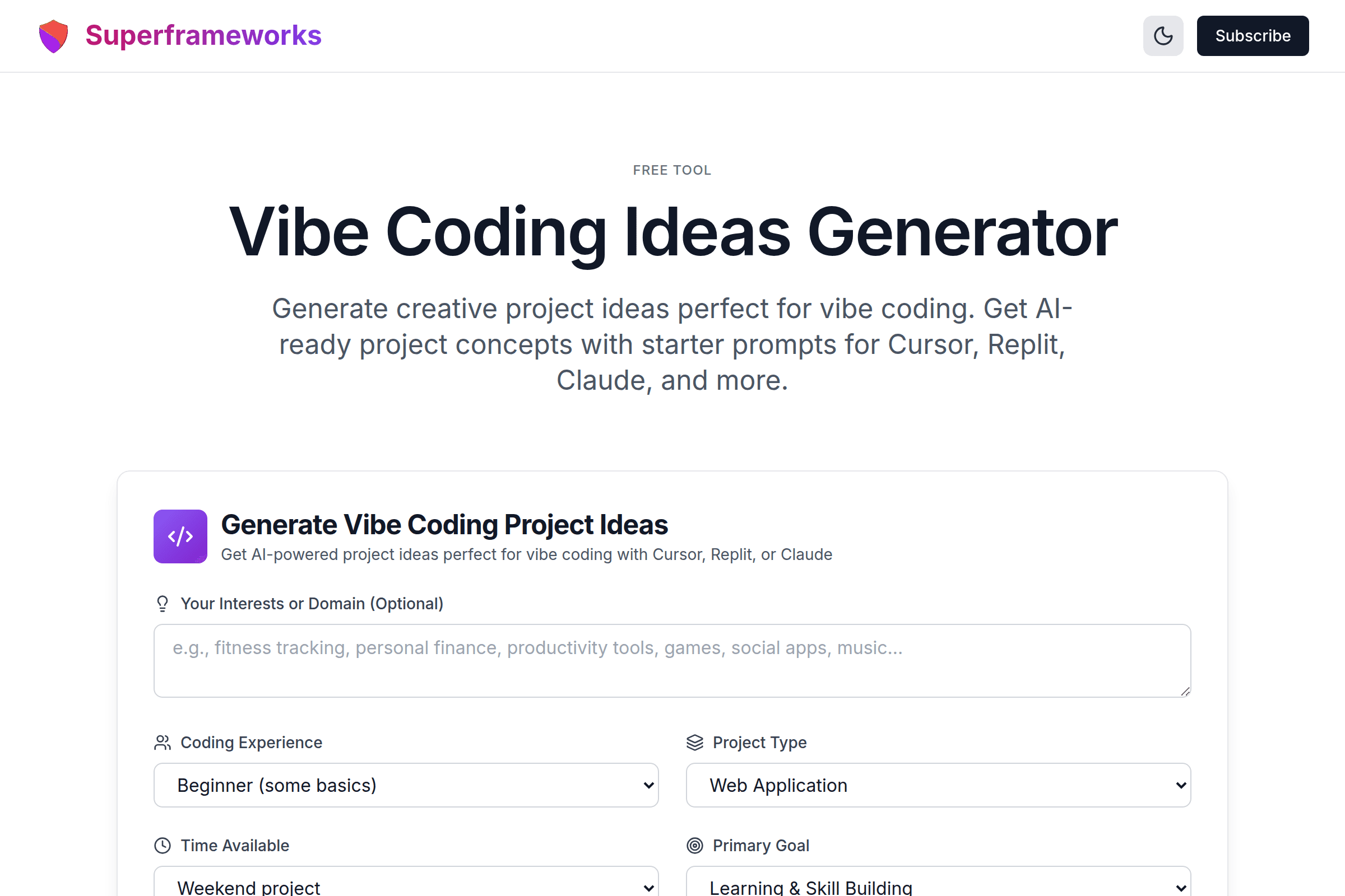 Vibe Coding Ideas Generator interface preview on Superframeworks