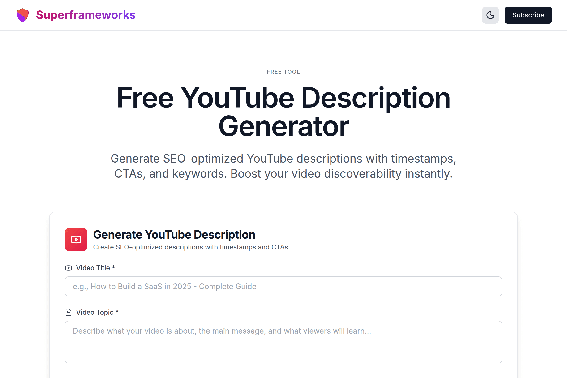 YouTube Description Generator interface preview on Superframeworks