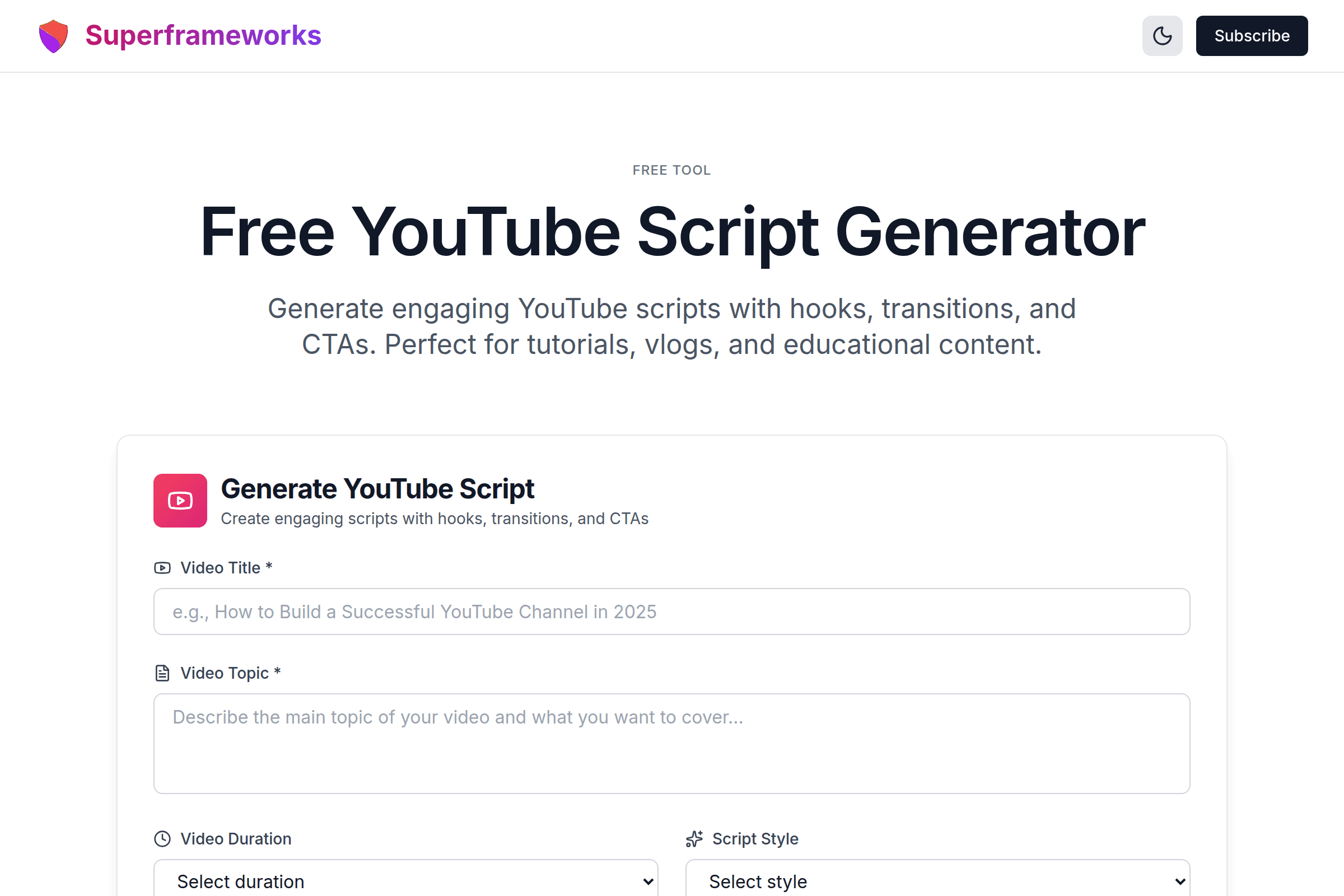 YouTube Script Generator interface preview on Superframeworks