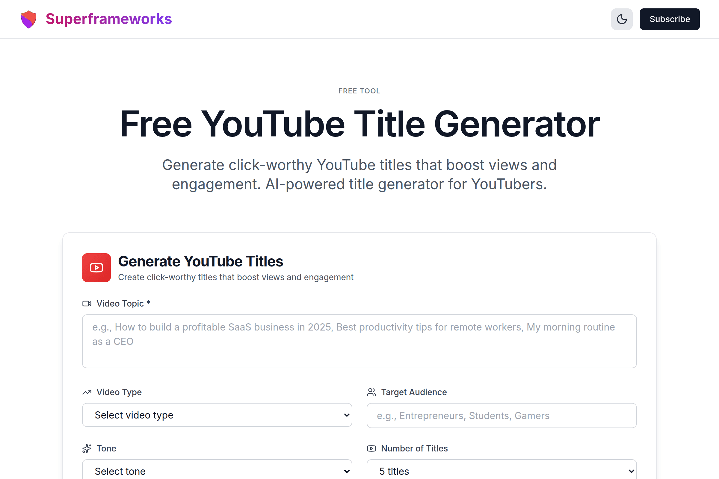 YouTube Title Generator interface preview on Superframeworks